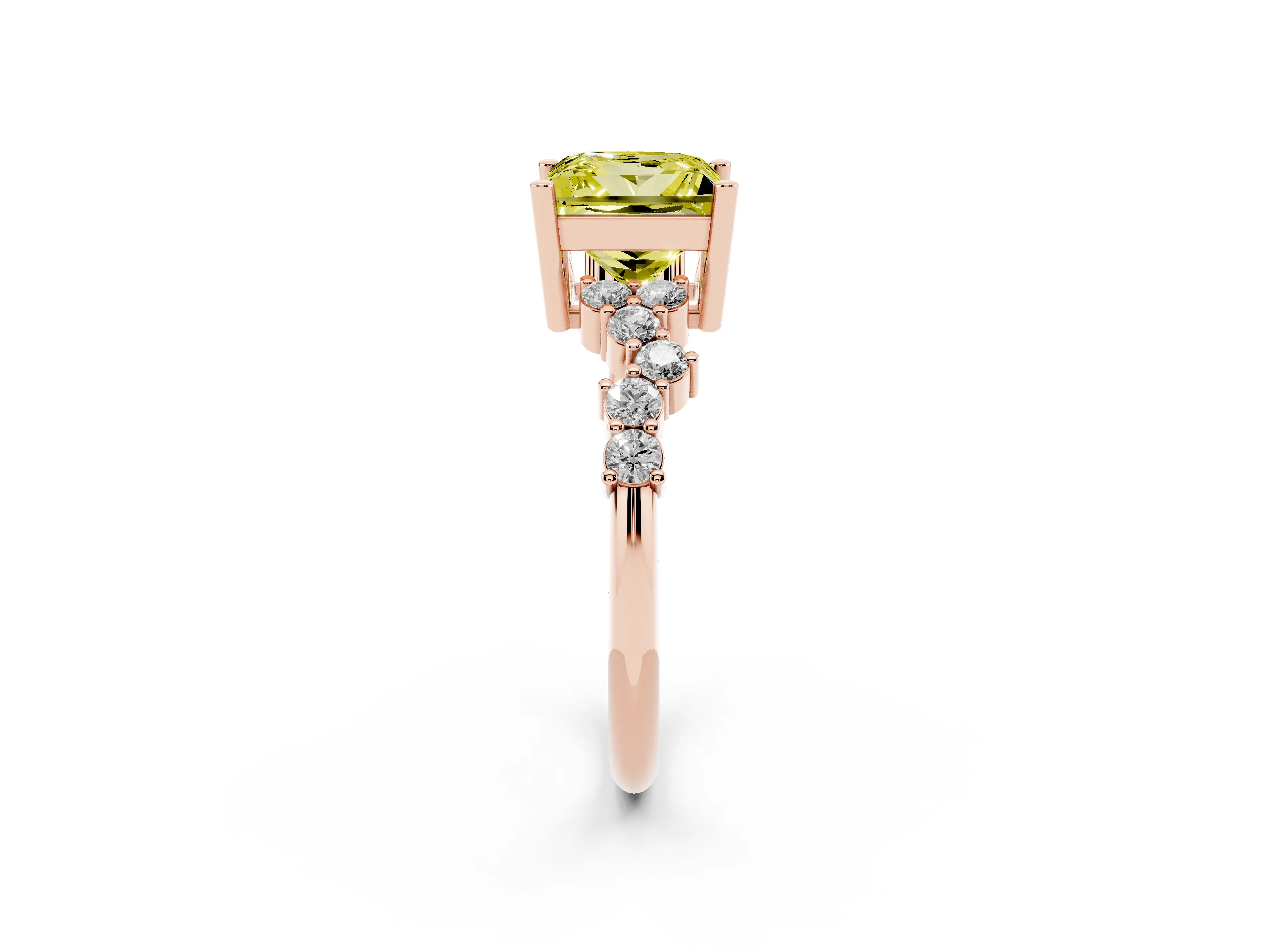 Fancy Yellow Princess Cut Diamond Ring Set in Rose gold with Scattered Round Accents