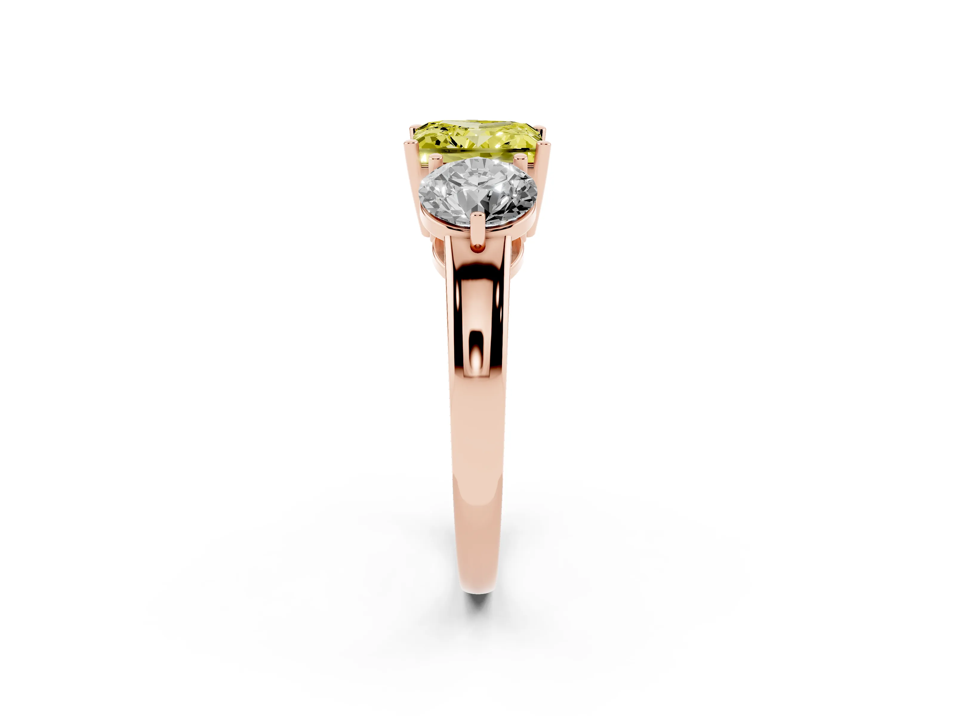 Fancy Yellow Princess Cut Diamond Three-Stone Ring Set in Rose gold with Prong Setting and Plain Band