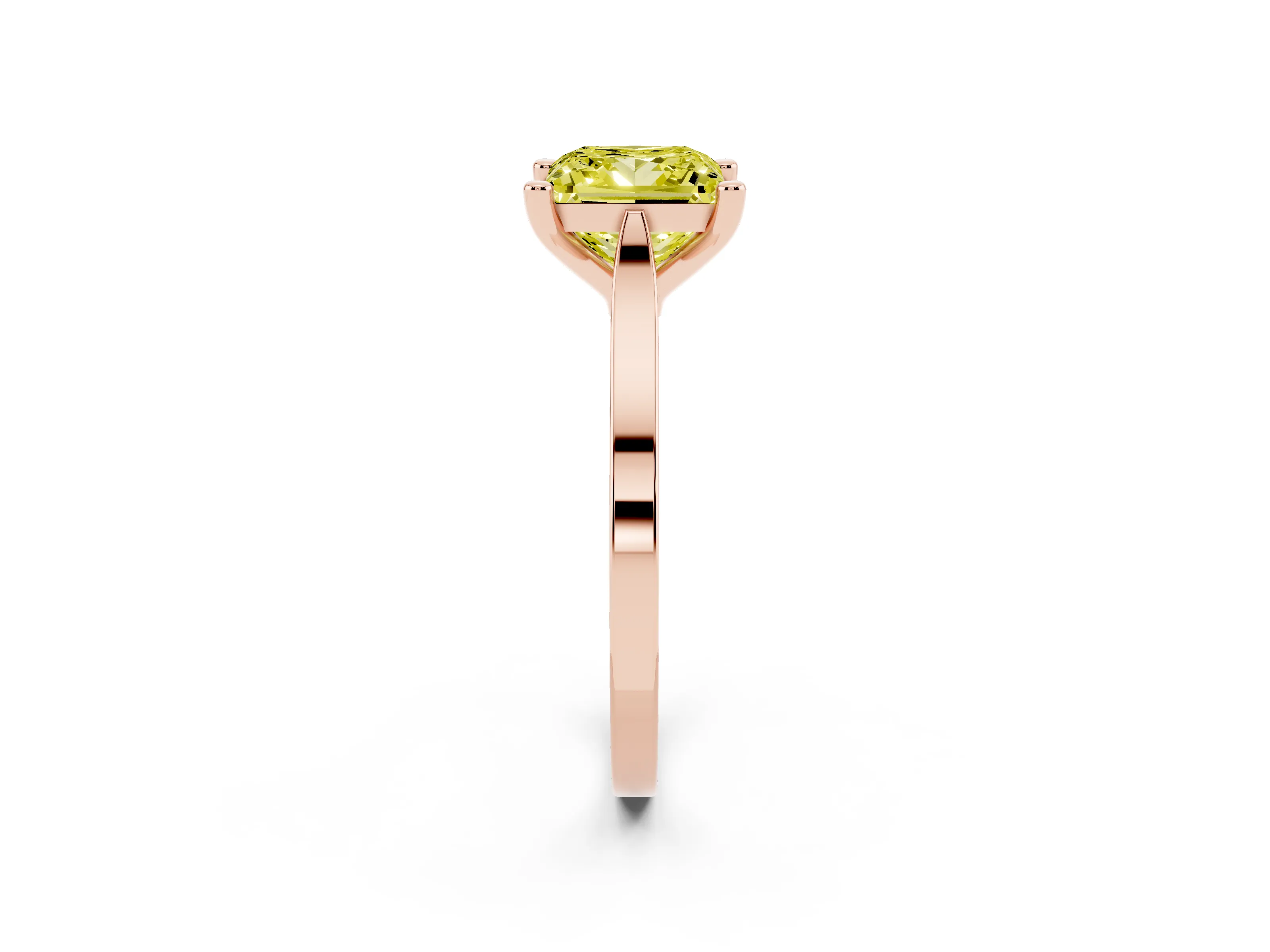 Fancy Yellow Princess Cut Diamond Solitaire Ring Set in Rose gold with Prong Setting and Tapered Band