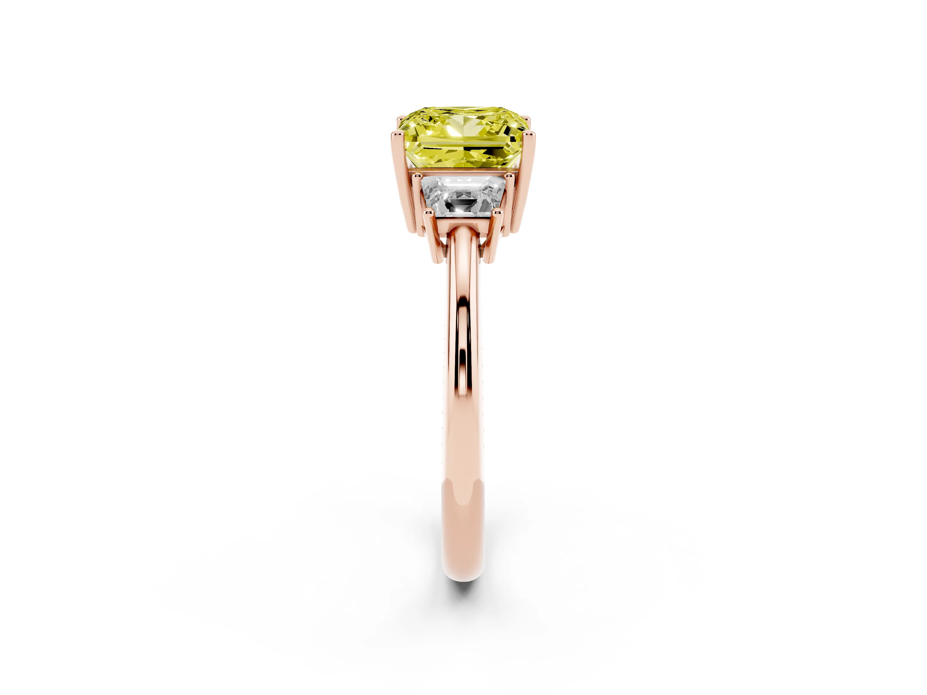 Fancy Yellow Princess Cut Diamond Three-Stone Ring Set in Rose gold with Trapezoid Side Stones and Prong Setting