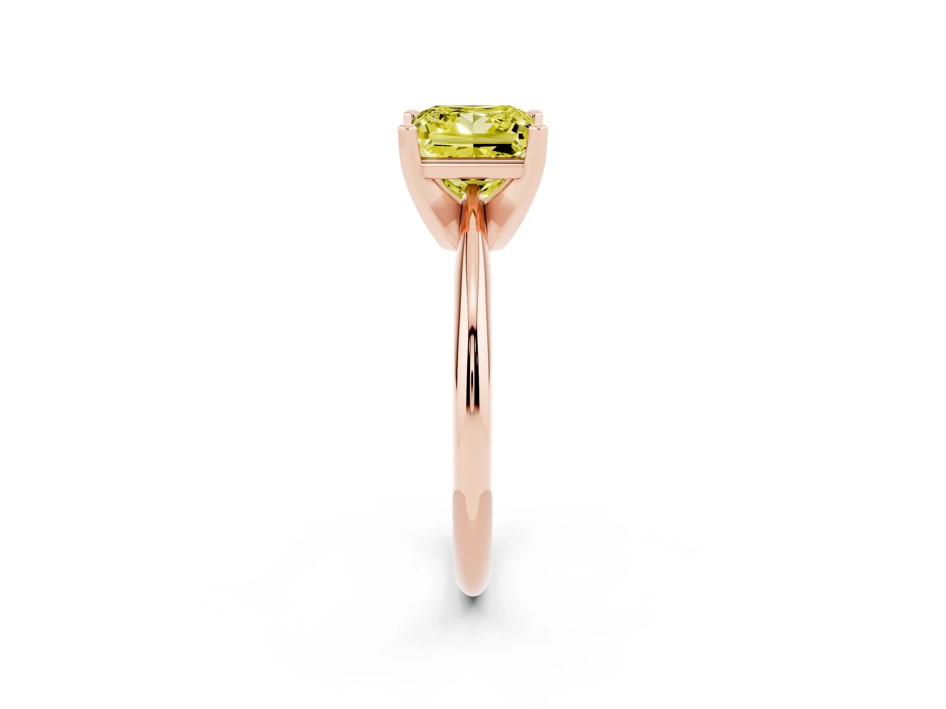 Fancy Yellow Princess Cut Diamond Solitaire Ring Set in Rose gold with Prong Setting on a Plain Round Band