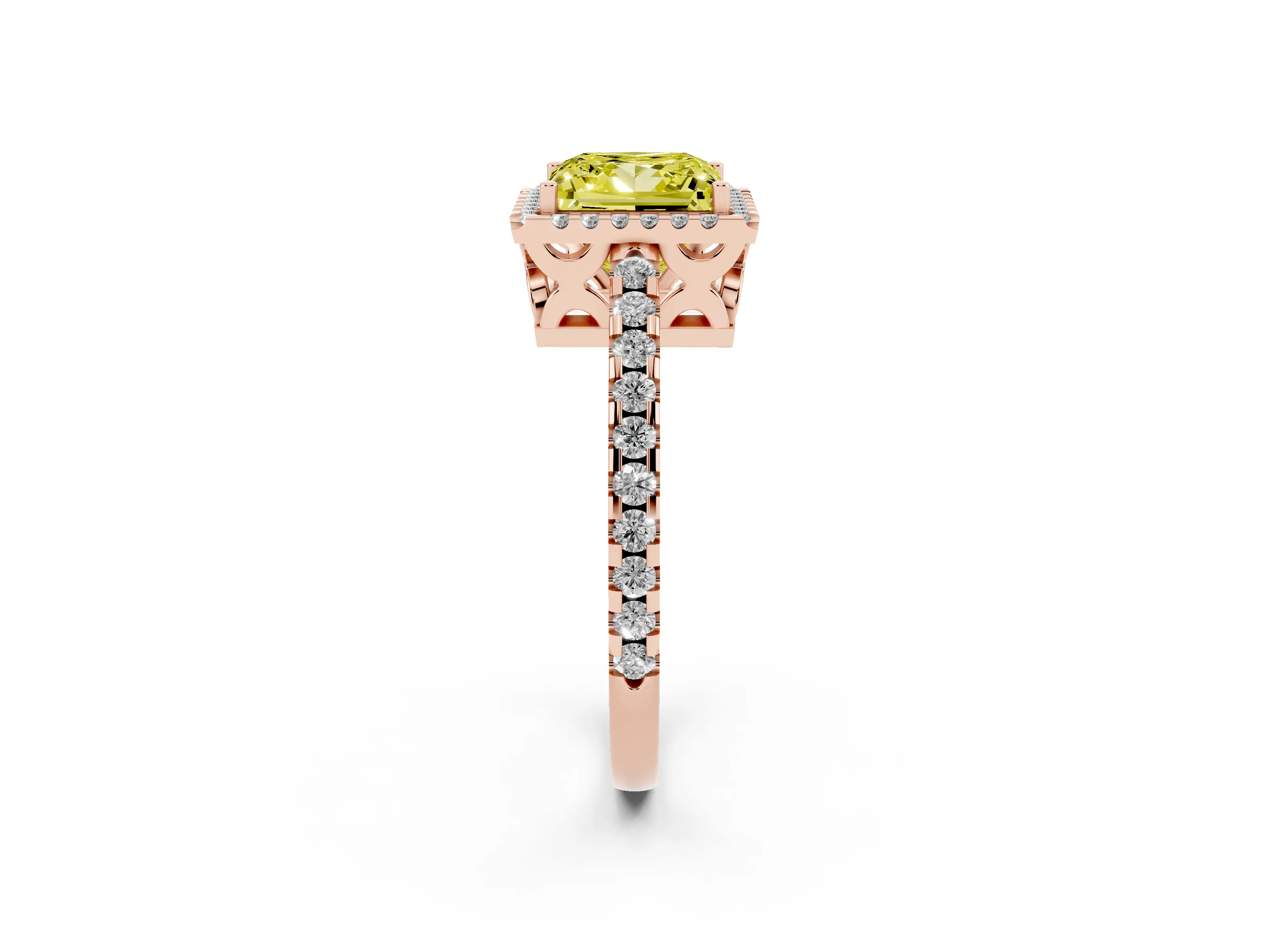 Fancy Yellow Princess Cut Diamond Halo Ring Set in Rose gold with Pavé Shoulders and Halo-Framed Center