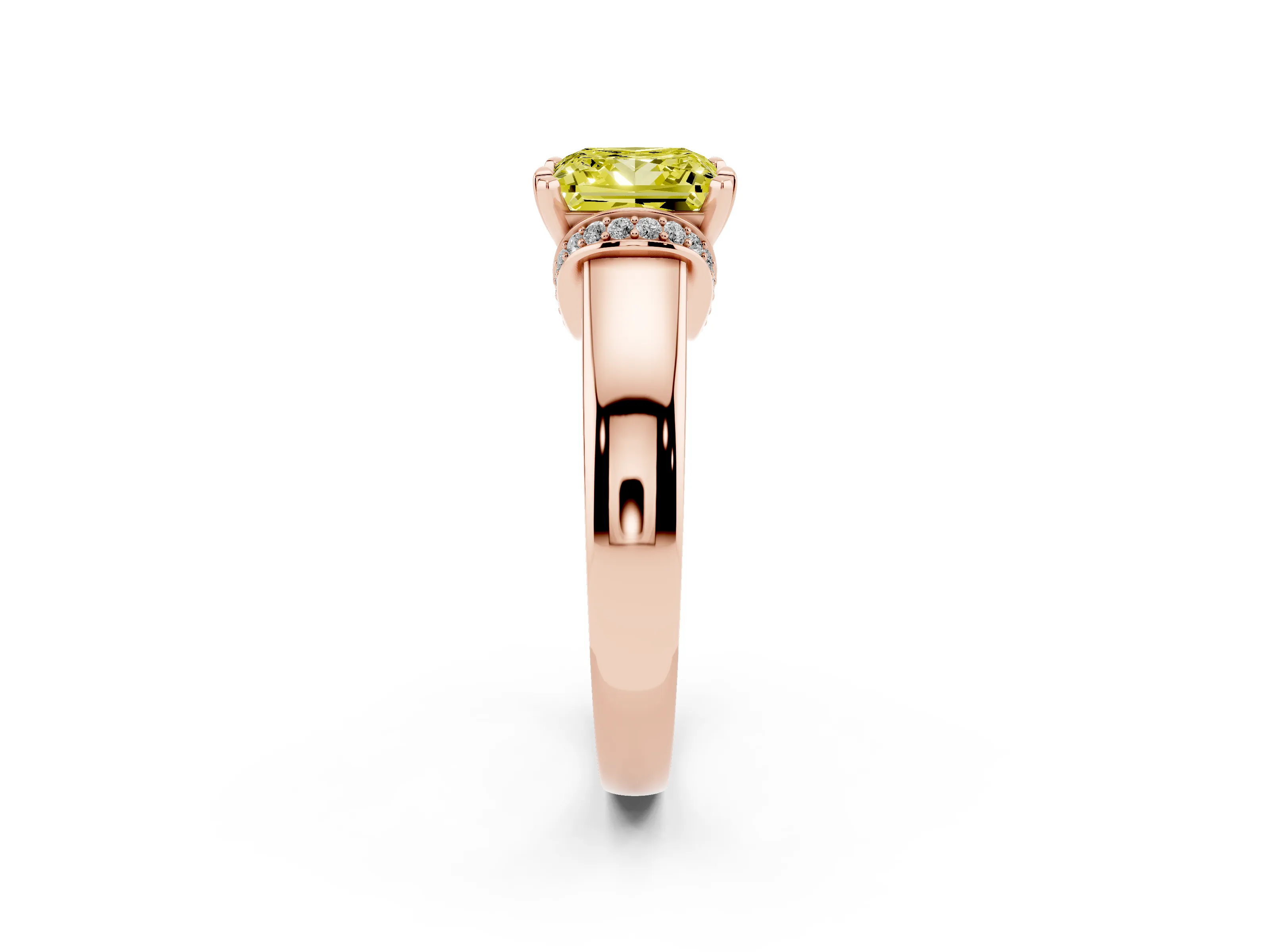 Fancy Yellow Princess Cut Diamond Pavé Band Solitaire Ring Set in Rose gold with Prong Setting