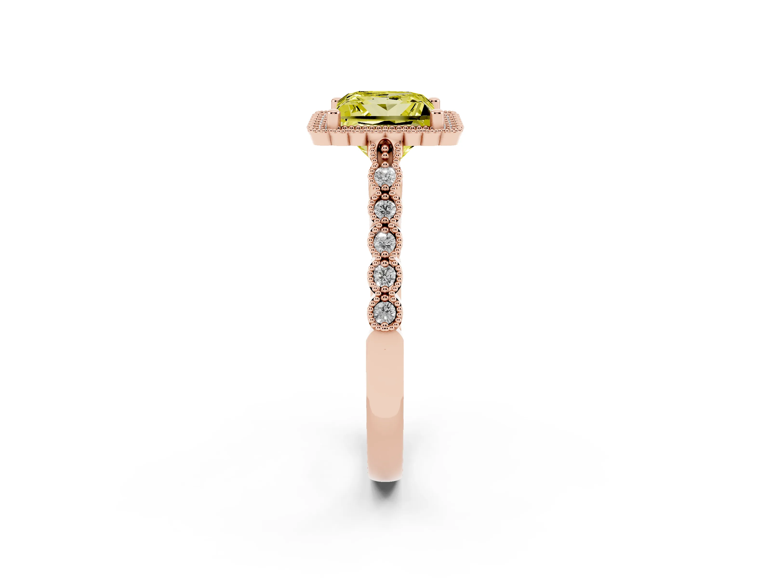 Fancy Yellow Princess Cut Diamond Halo Ring Set in Rose gold with Pavé Milgrain Band