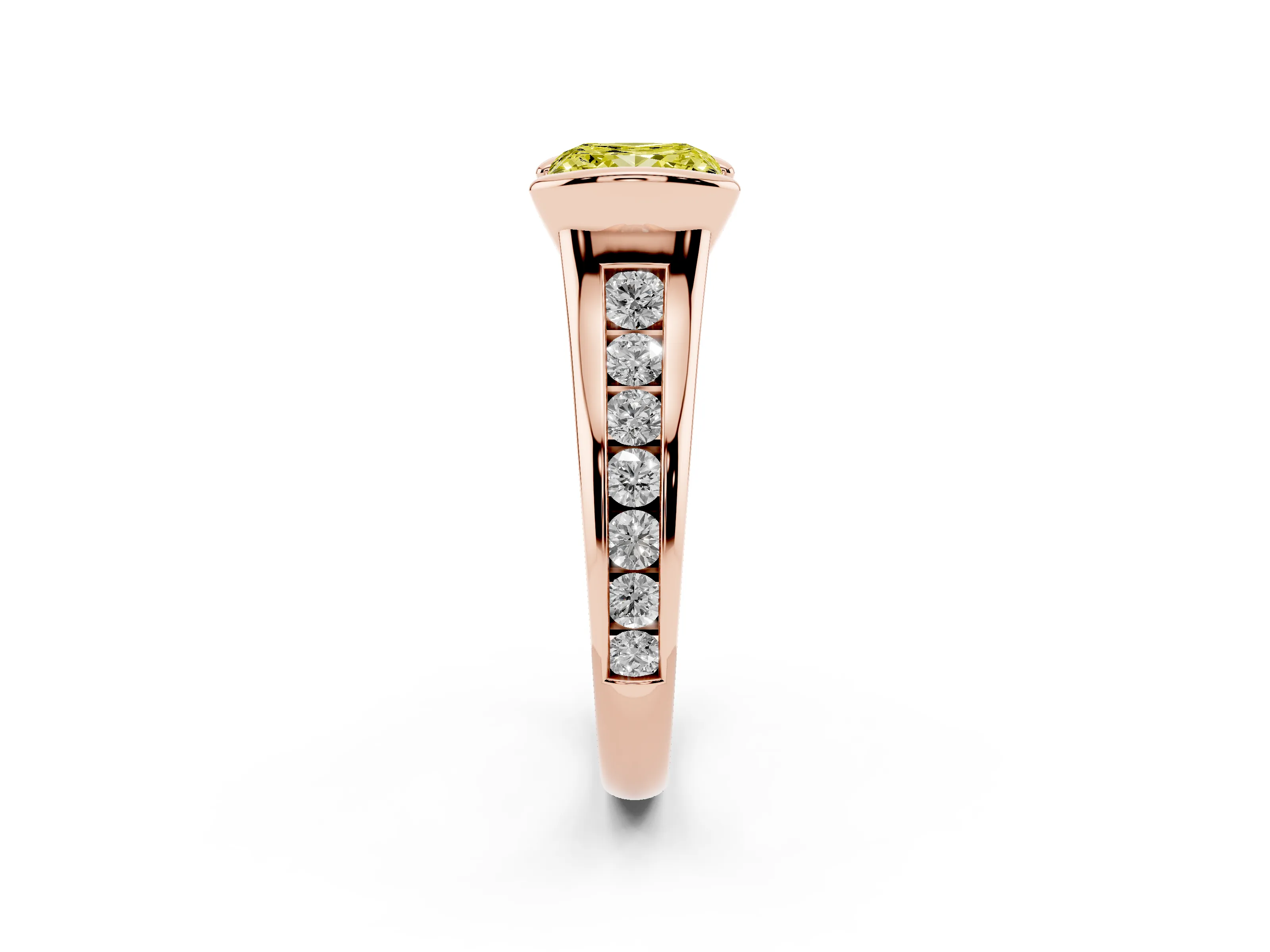 Fancy Yellow Princess Cut Diamond Bezel-Set Solitaire Ring Set in Rose gold with Channel-Set Band
