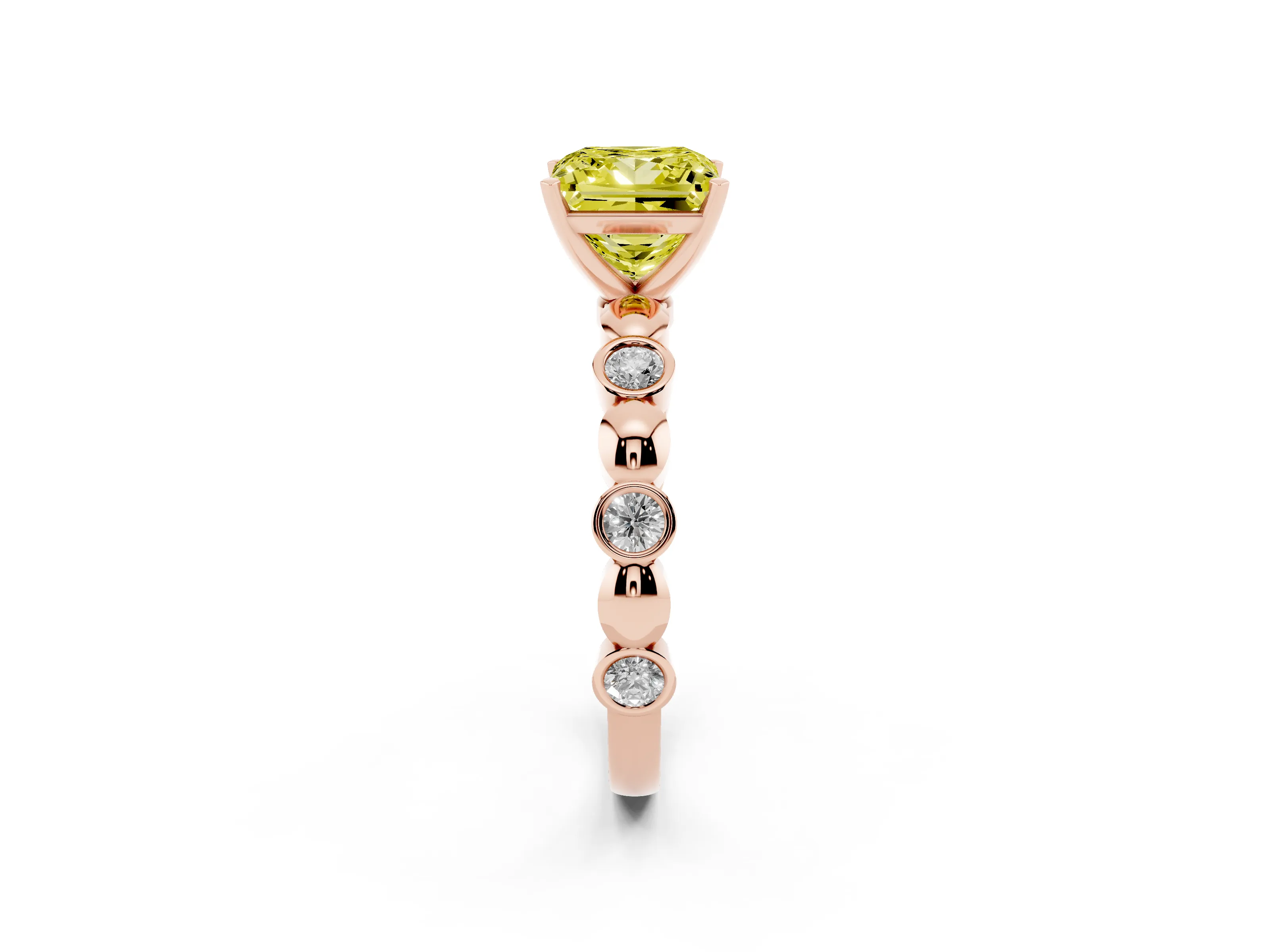 Fancy Yellow Princess Cut Diamond Solitaire Ring Set in Rose gold with Bezel-Set Accents on Beaded Band and Prong Setting