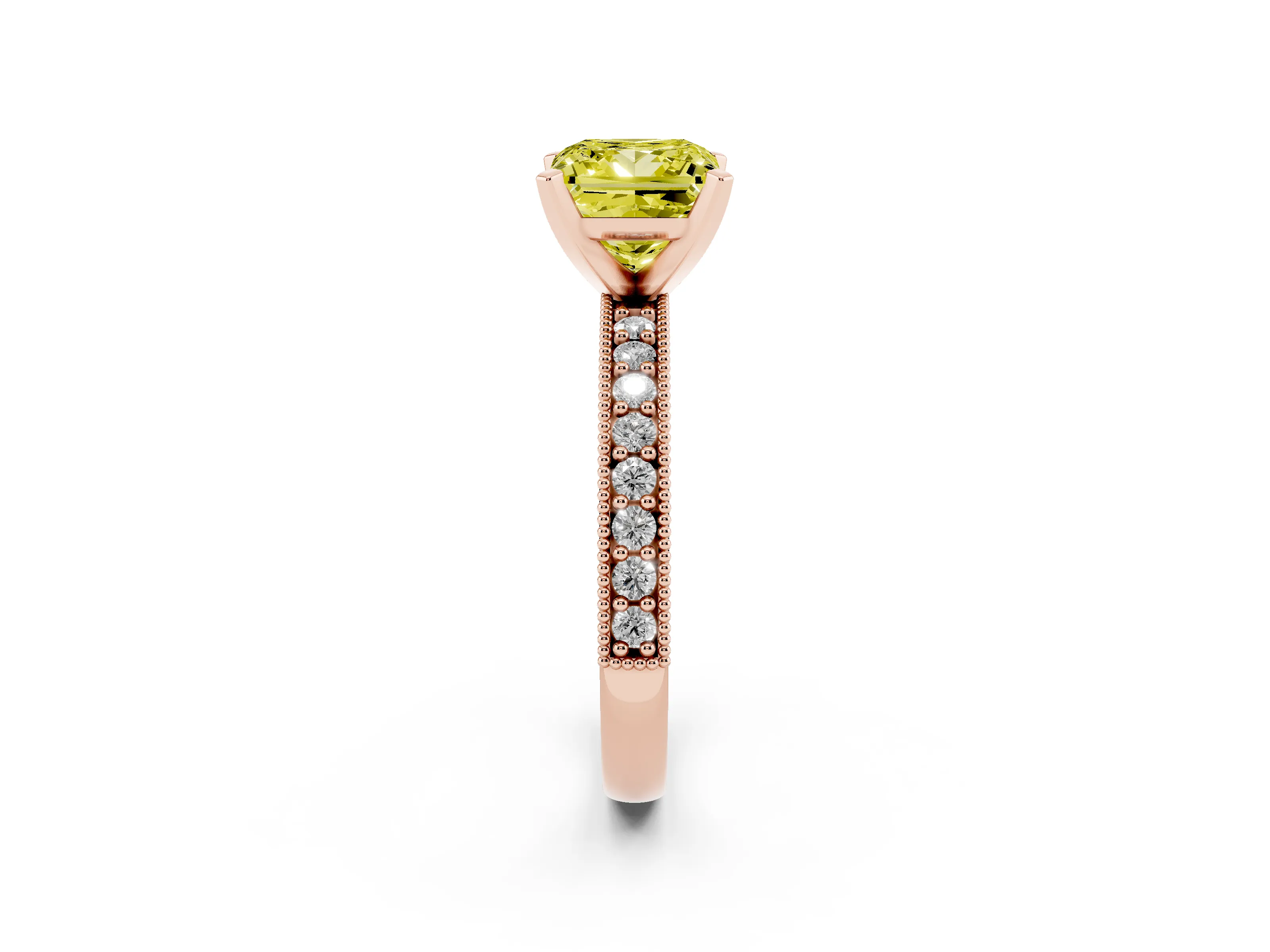 Fancy Yellow Princess Cut Diamond Milgrain Pavé Engagement Ring Set in Rose gold with Prong Setting