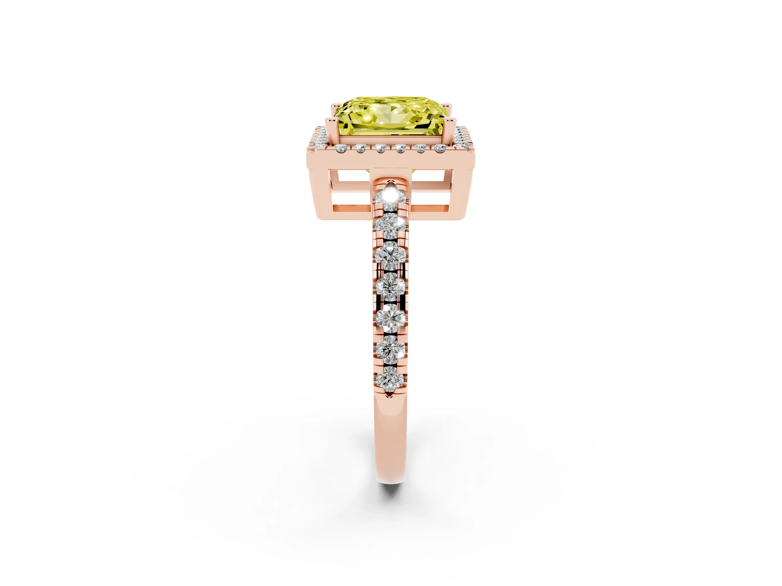 Fancy Yellow Princess Cut Diamond Halo Ring Set in Rose gold with Delicate Pavé Band and Prong Setting