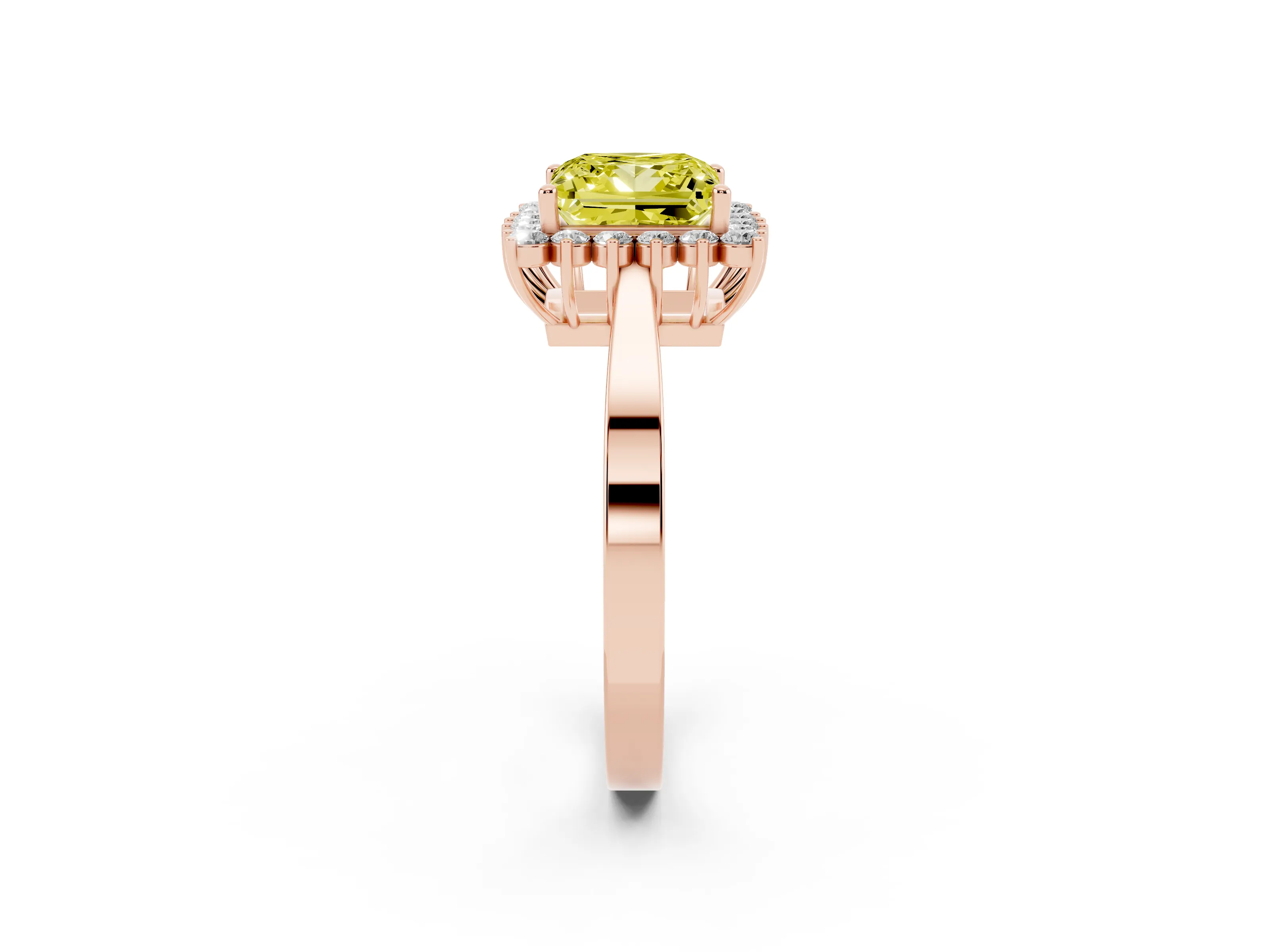 Fancy Yellow Princess Cut Diamond Halo Ring Set in Rose gold with Round Halo and Smooth Solitaire Band