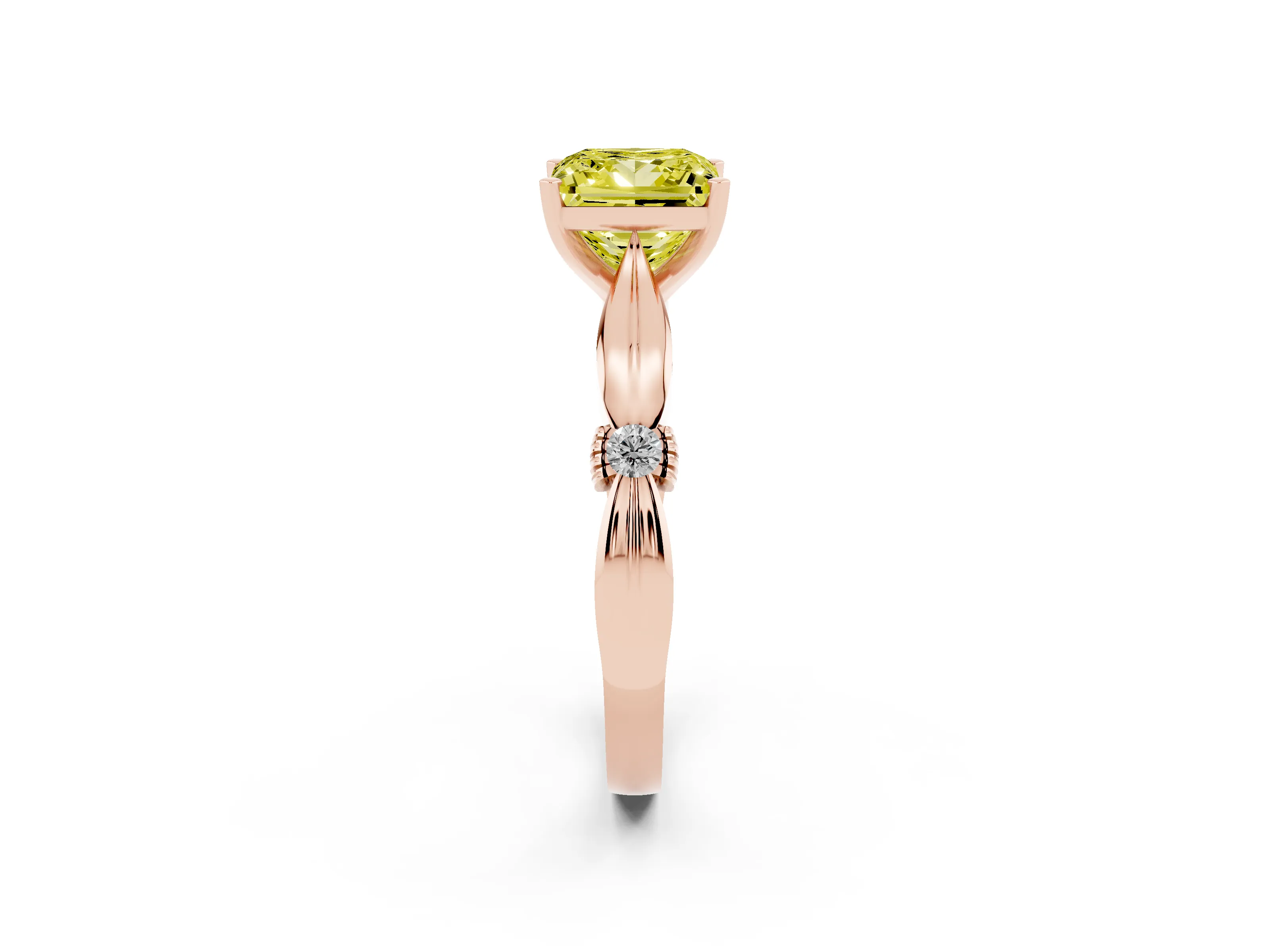 Fancy Yellow Princess Cut Diamond Solitaire Twisted Band Ring Set in Rose gold with Accent Stones and Prong Setting