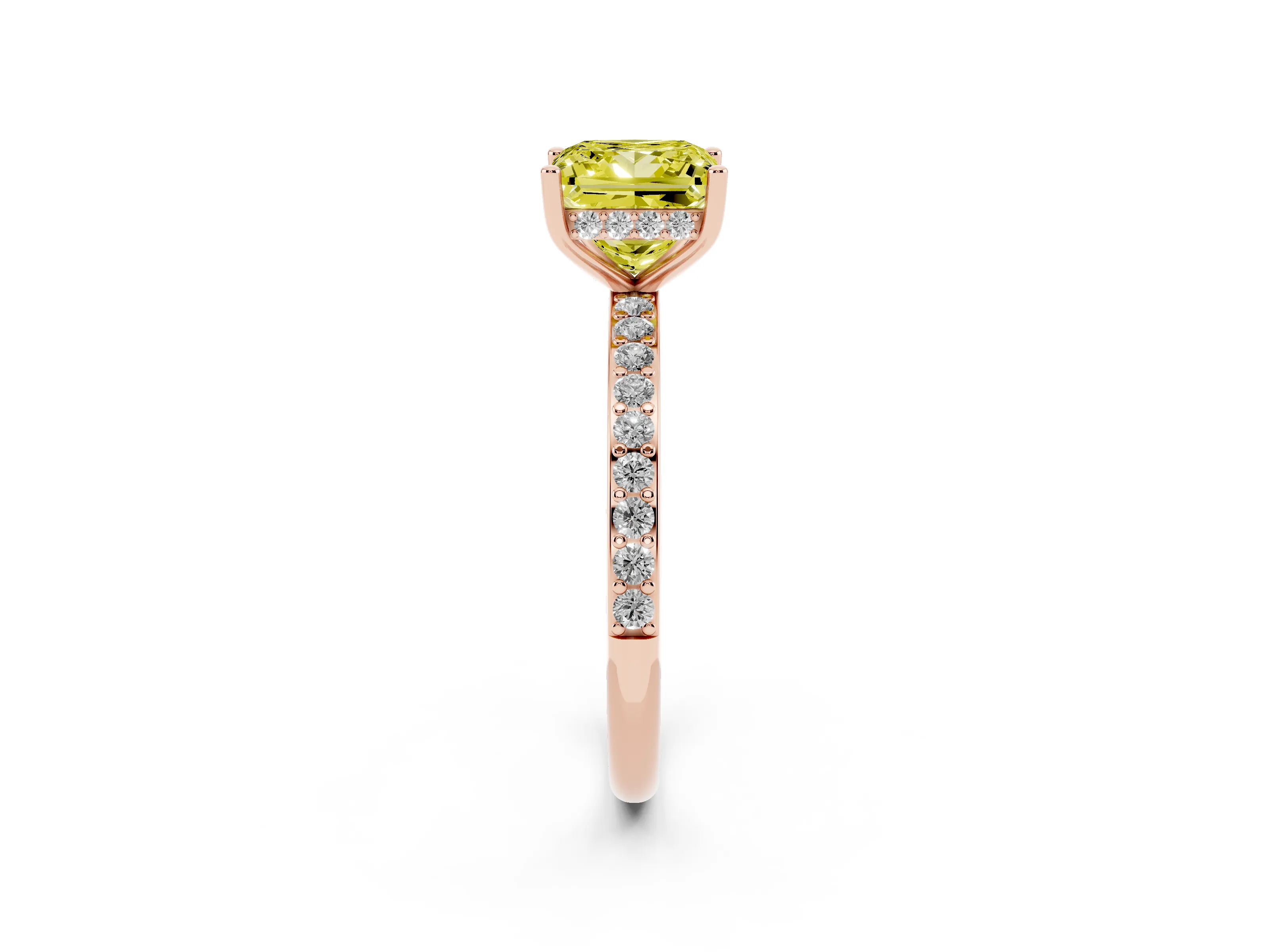 Fancy Yellow Princess Cut Diamond Pavé Band Ring Set in Rose gold with Prong-Set Center Stone