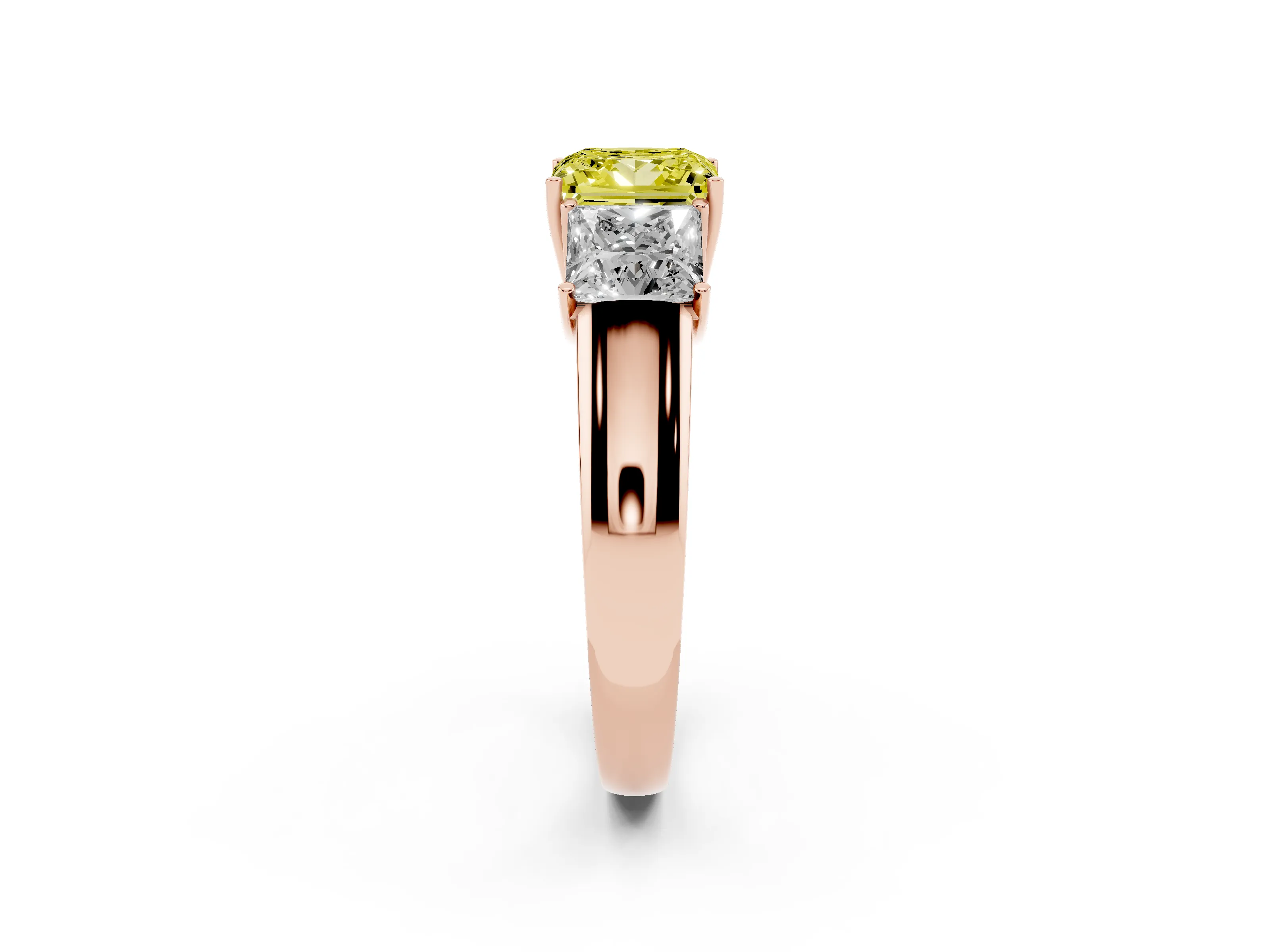 Fancy Yellow Three-Stone Princess Cut Diamond Ring Set in Rose gold with Matching Prong Settings and Plain Band