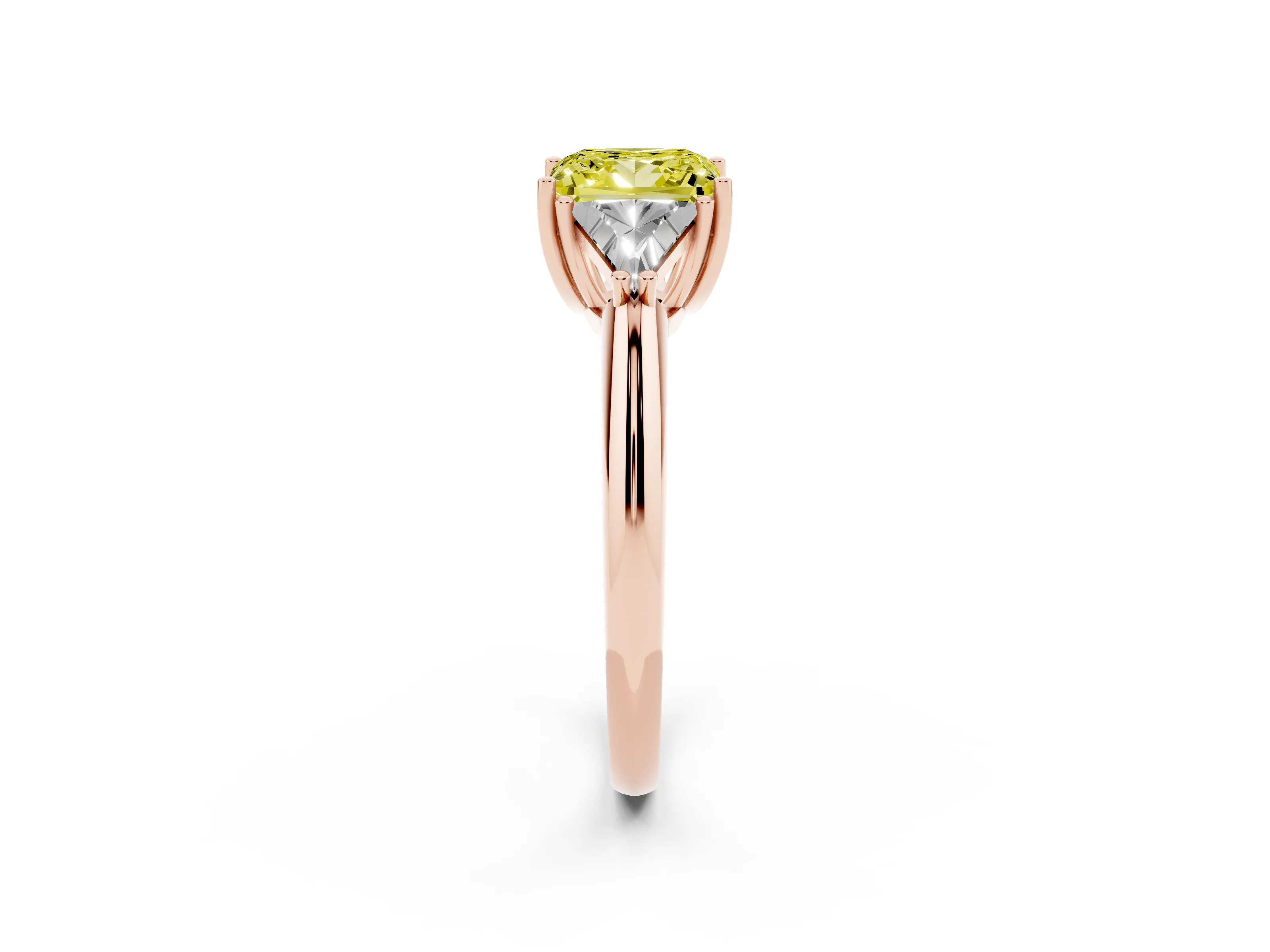 Fancy Yellow Princess Cut Diamond Three-Stone Engagement Ring Set in Rose gold with Trillion Side Stones