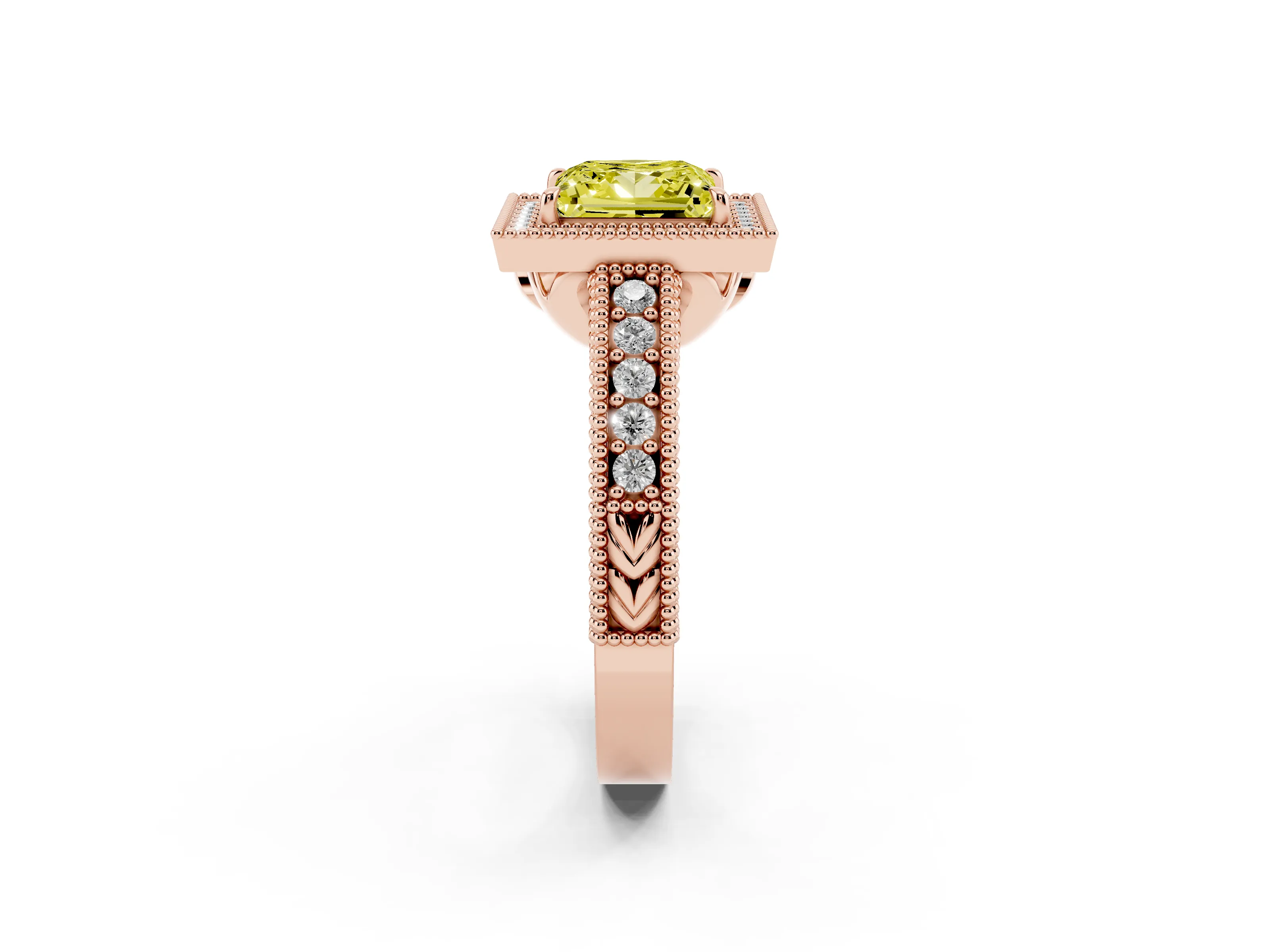 Fancy Yellow Princess Cut Diamond Halo Ring Set in Rose gold with Round Accent Halo, Pavé Band and Prong Setting