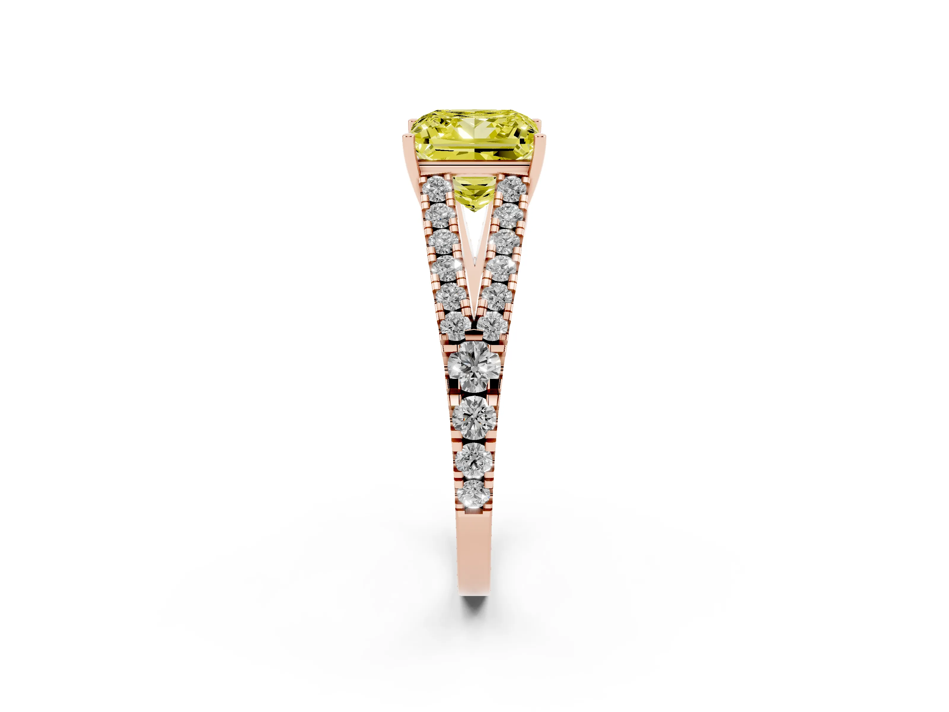 Fancy Yellow Princess Cut Diamond Split Shank Pavé Engagement Ring Set in Rose gold with Prong-Held Center Stone