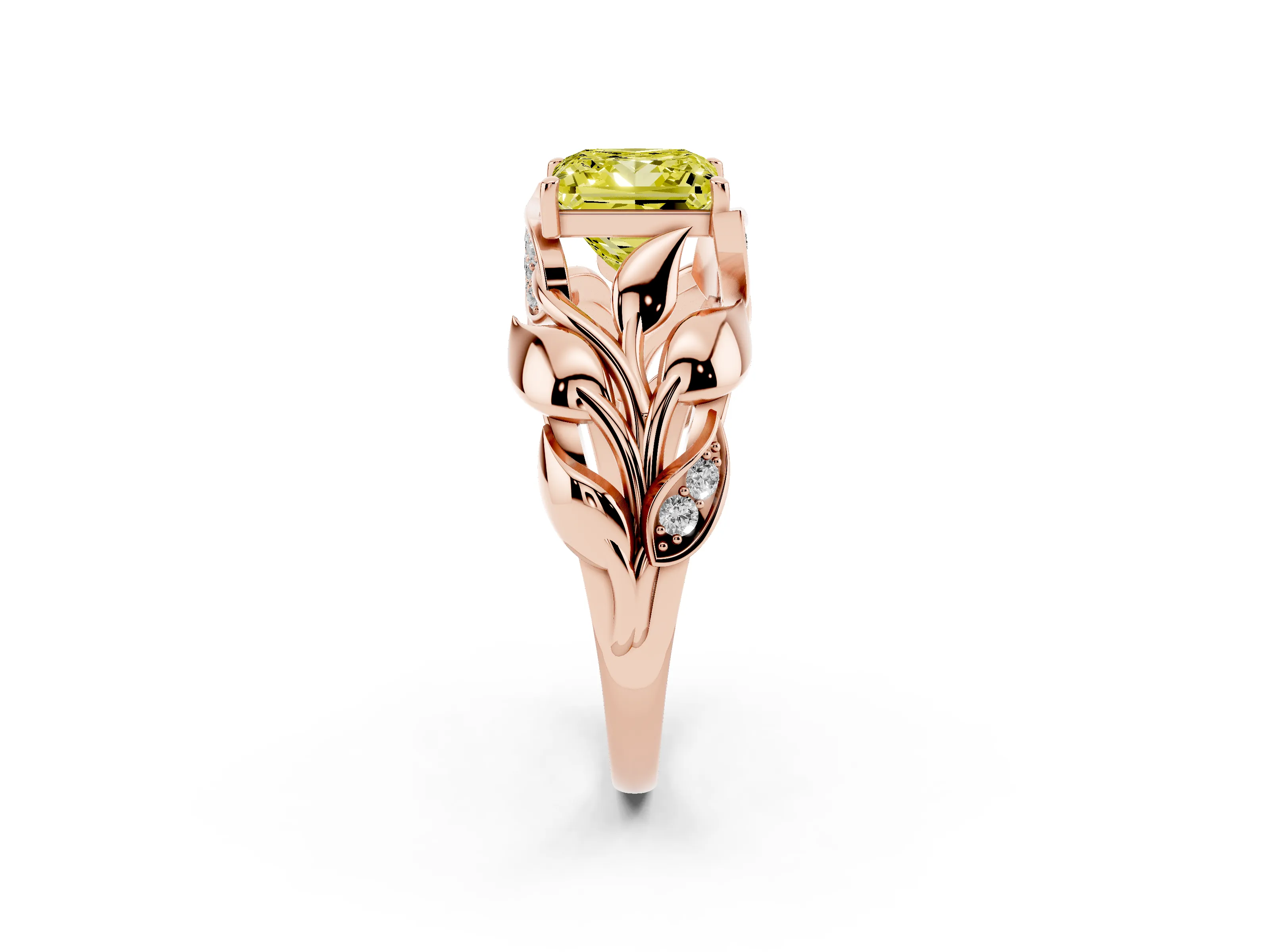 Fancy Yellow Princess Cut Diamond Leaf-Inspired Engagement Ring Set in Rose gold with Round Accents