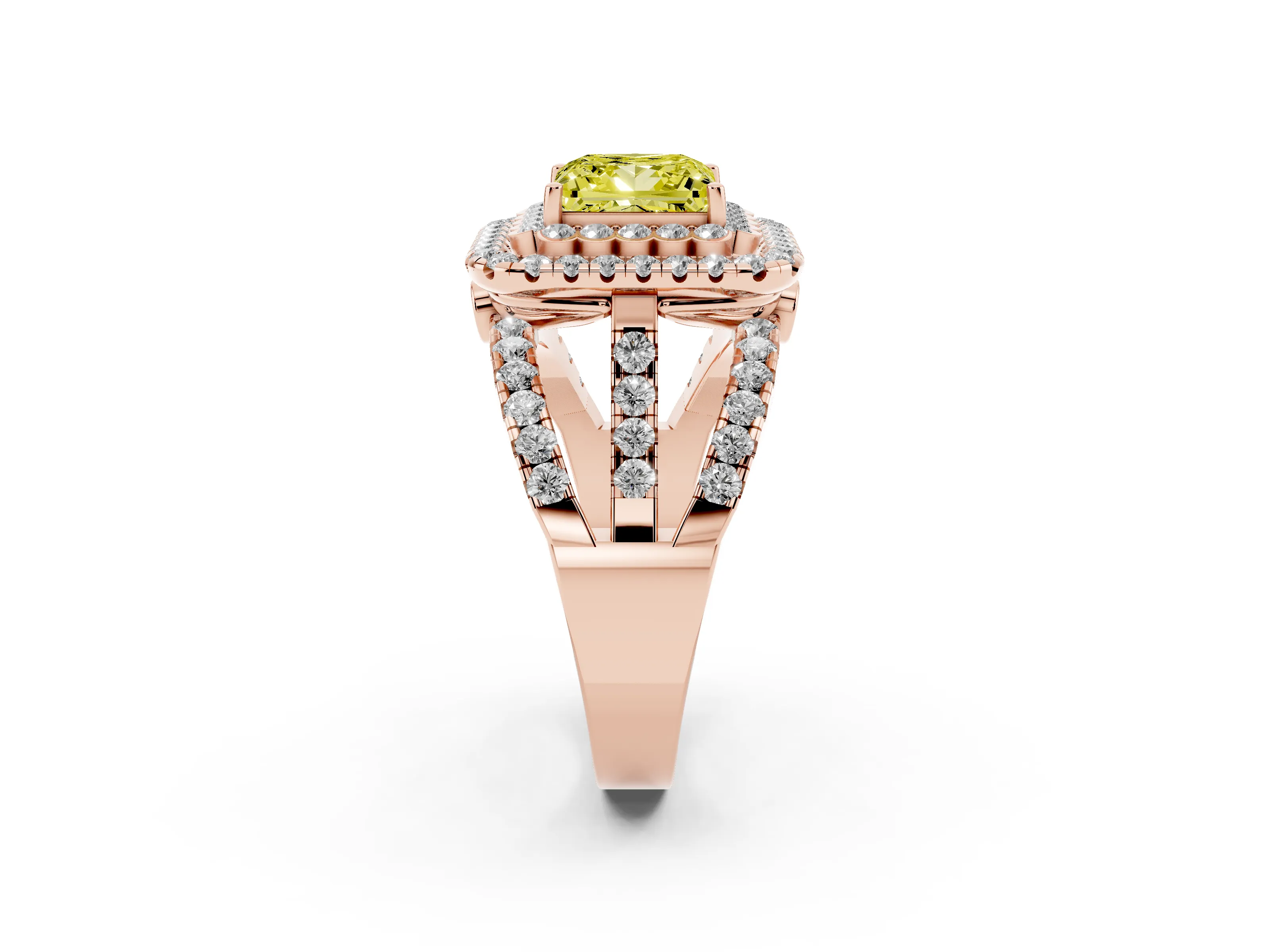 Fancy Yellow Princess Cut Diamond Double Halo Ring Set in Rose gold with Round Pavé Split Shank