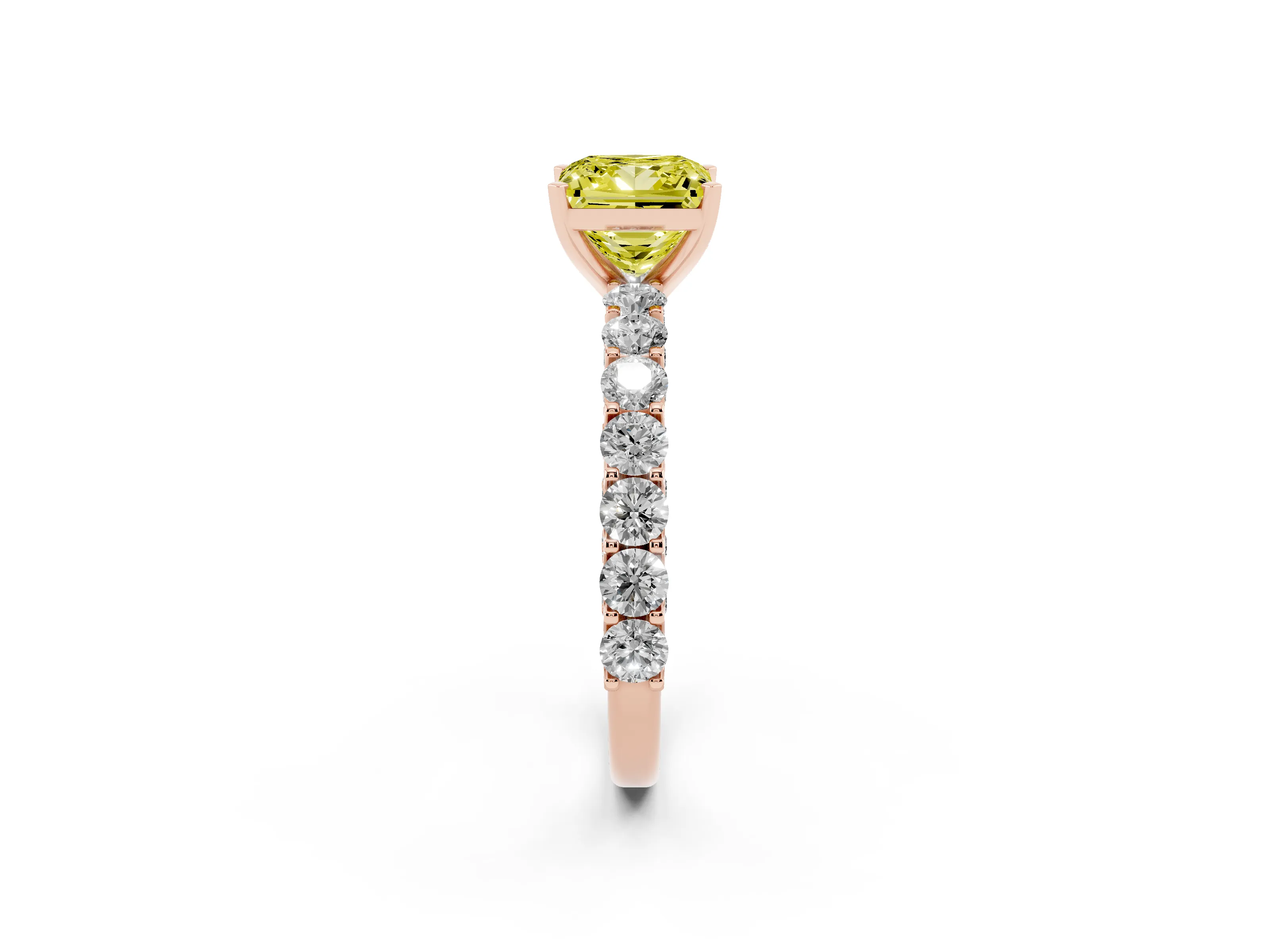 Fancy Yellow Princess Cut Diamond Solitaire Ring Set in Rose gold with Shared Prong Pavé Band