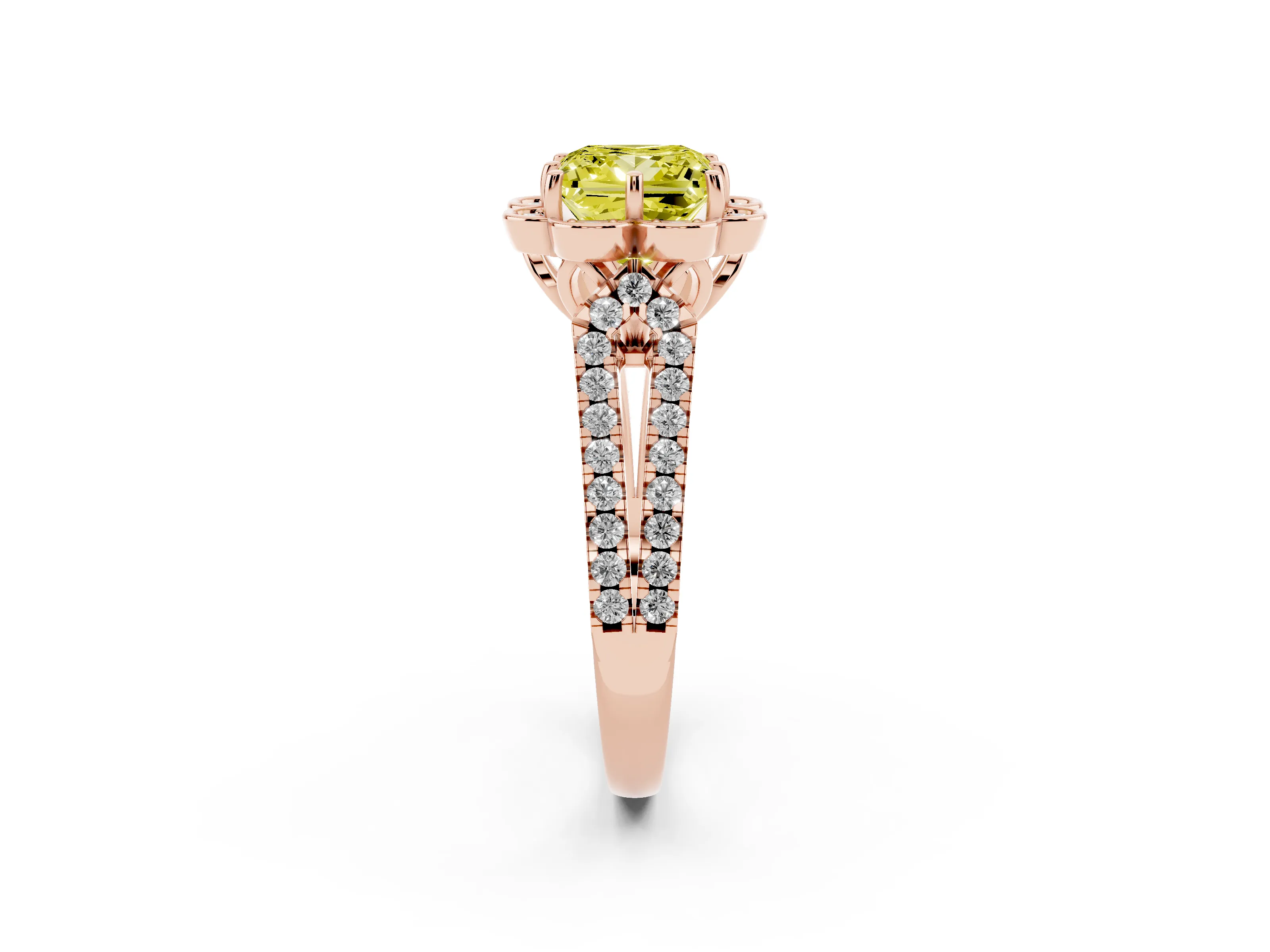 Fancy Yellow Princess Cut Diamond Floral Halo Split Shank Engagement Ring Set in Rose gold with Pavé Shank