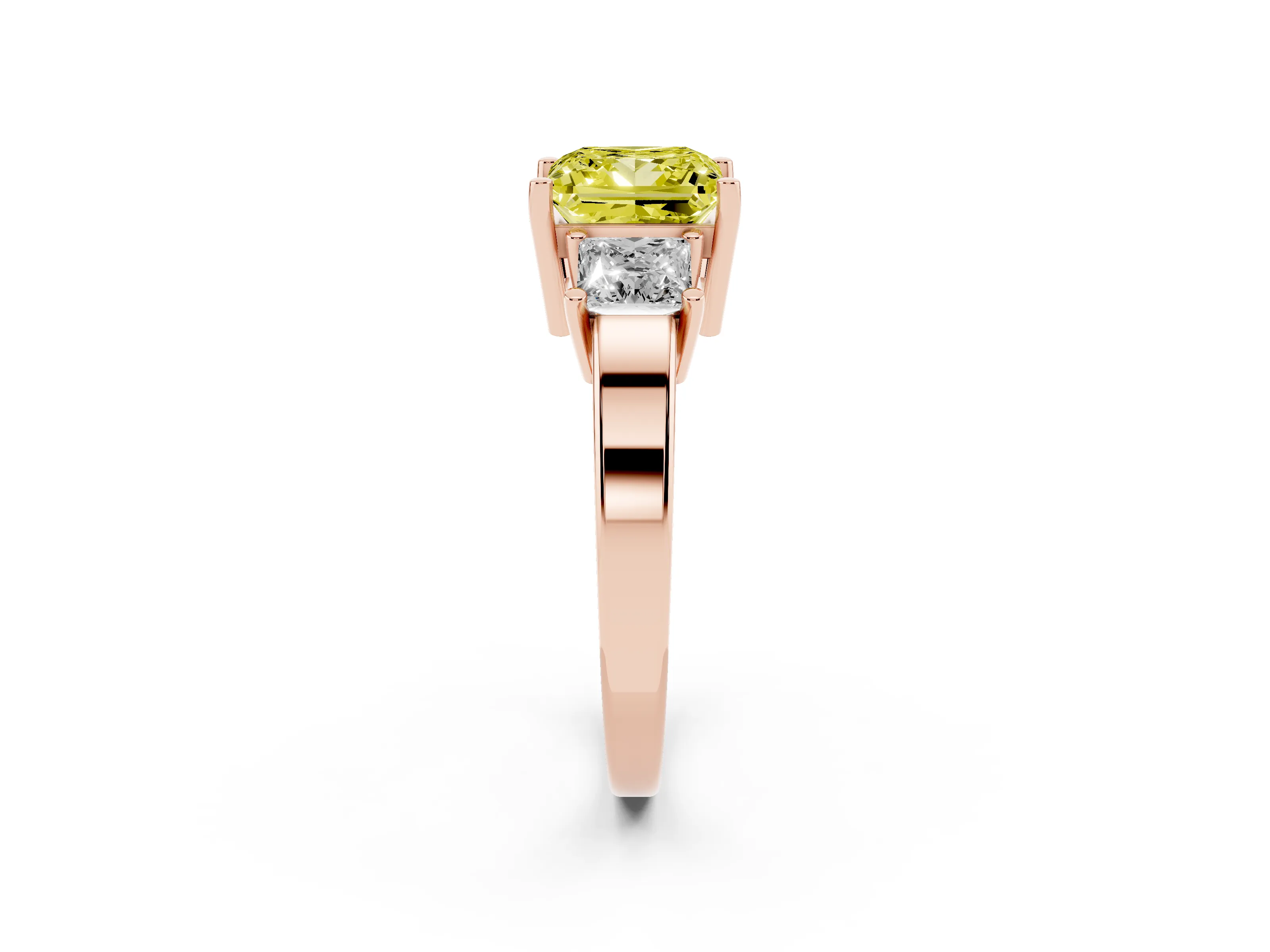 Fancy Yellow Three-Stone Princess Cut Diamond Solitaire Ring Set in Rose gold with Prong Setting