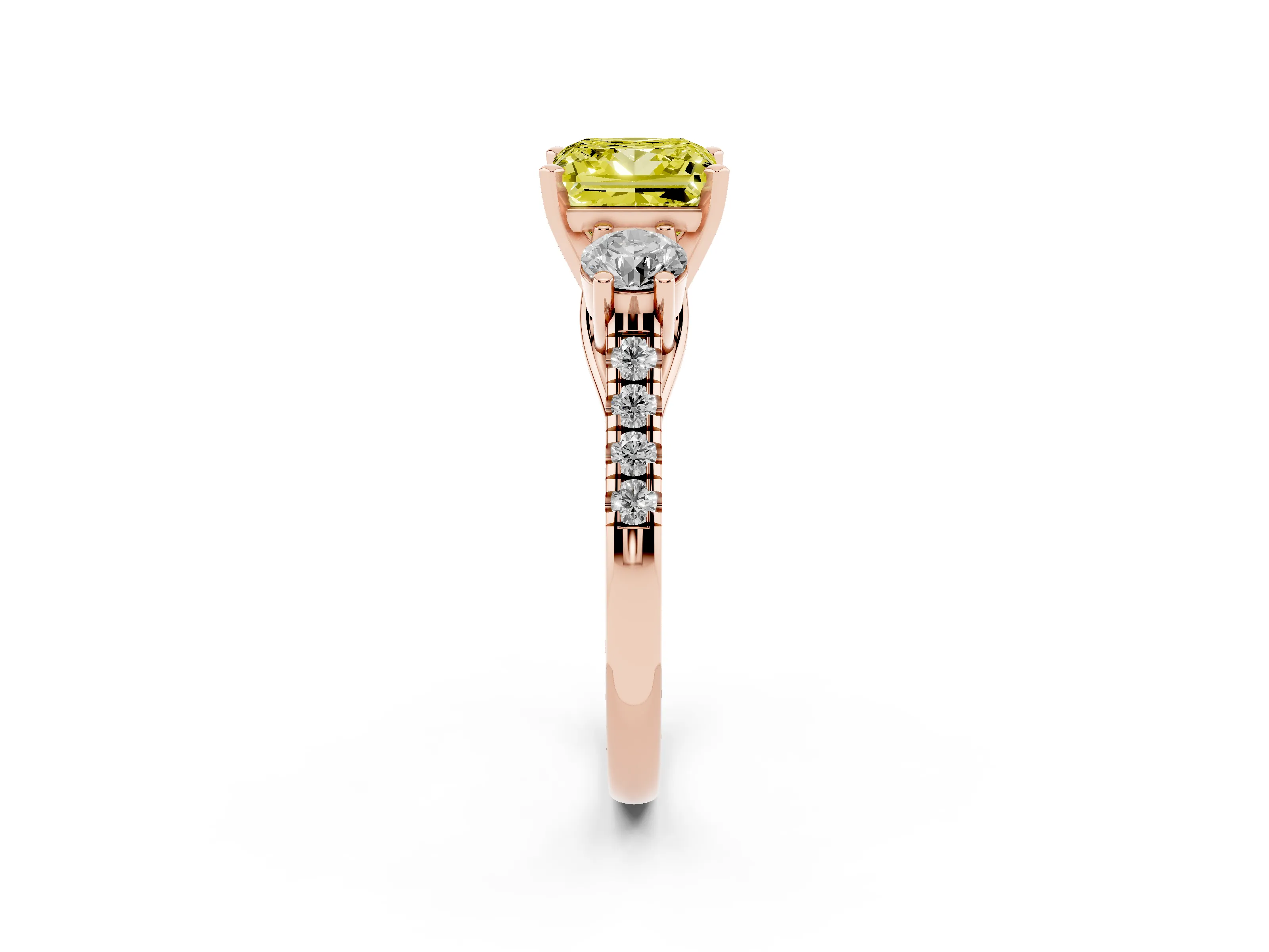 Fancy Yellow Three-Stone Princess Cut Diamond Pavé Band Ring Set in Rose gold with Prong-Set Trio