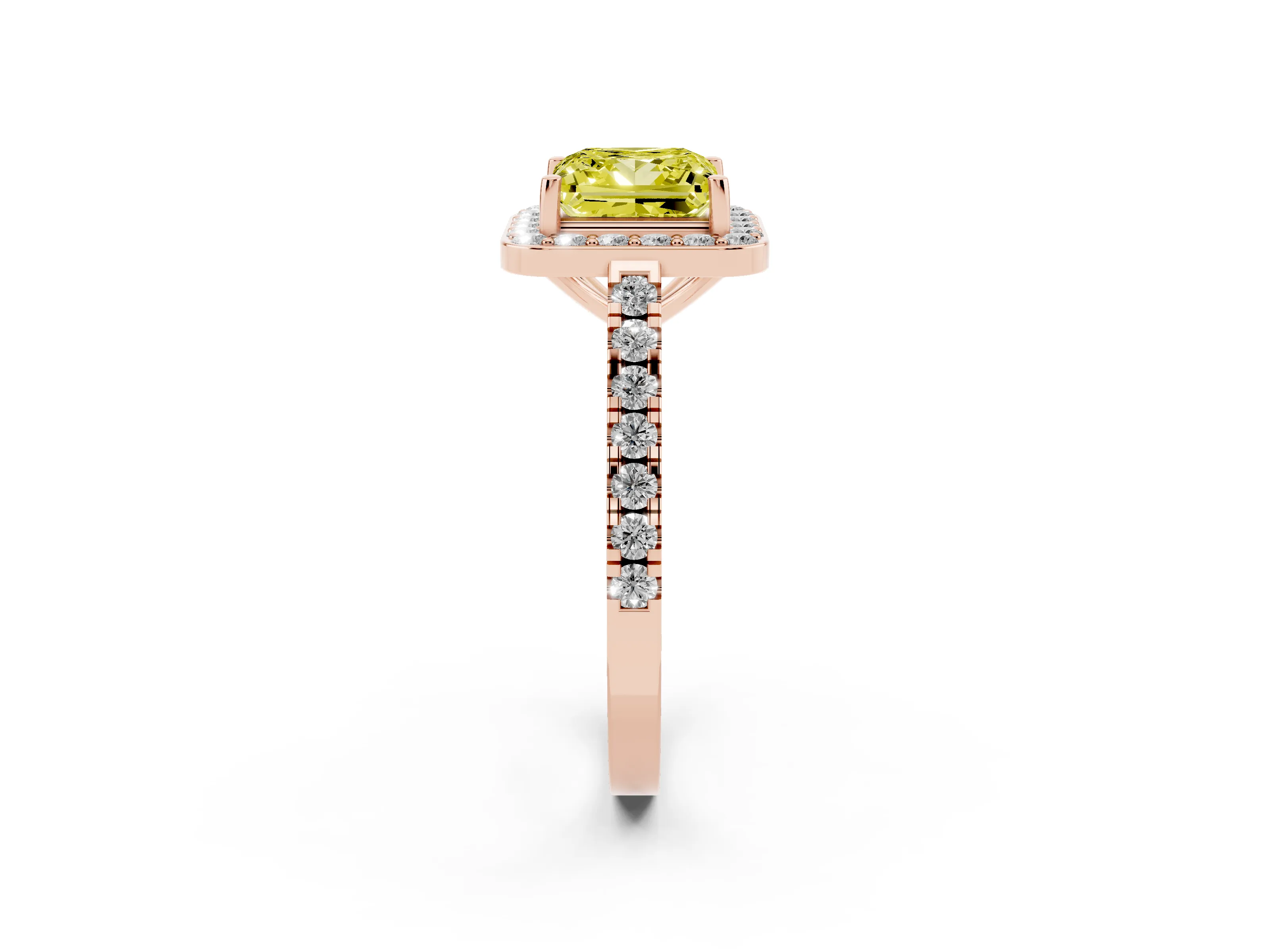 Fancy Yellow Princess Cut Diamond Halo Ring Set in Rose gold with Round Pavé Split Shank and Prong Setting
