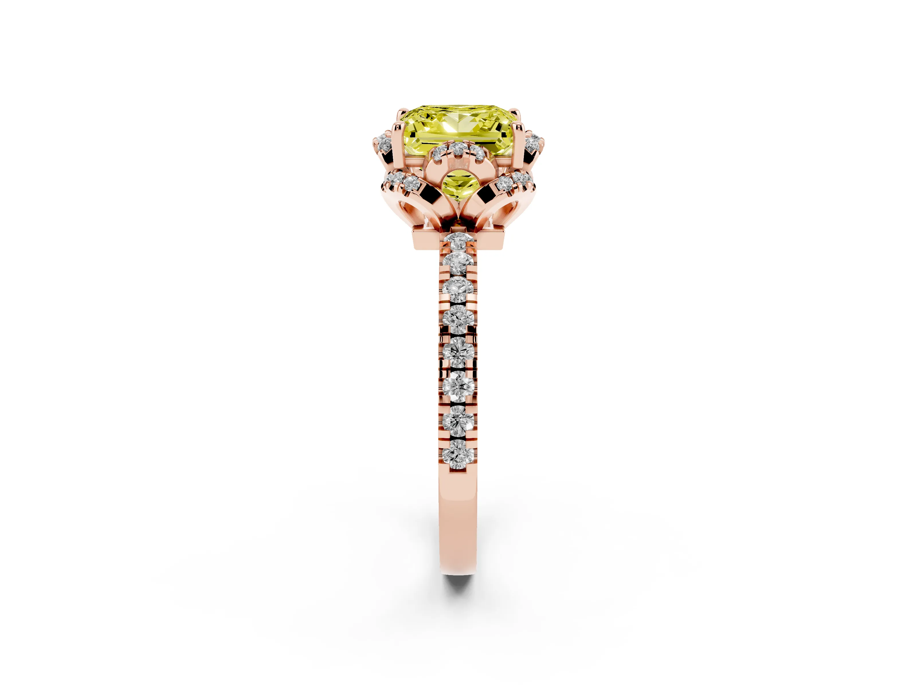 Fancy Yellow Princess Cut Diamond Halo Pavé Band Ring Set in Rose gold with Prong-Held Center