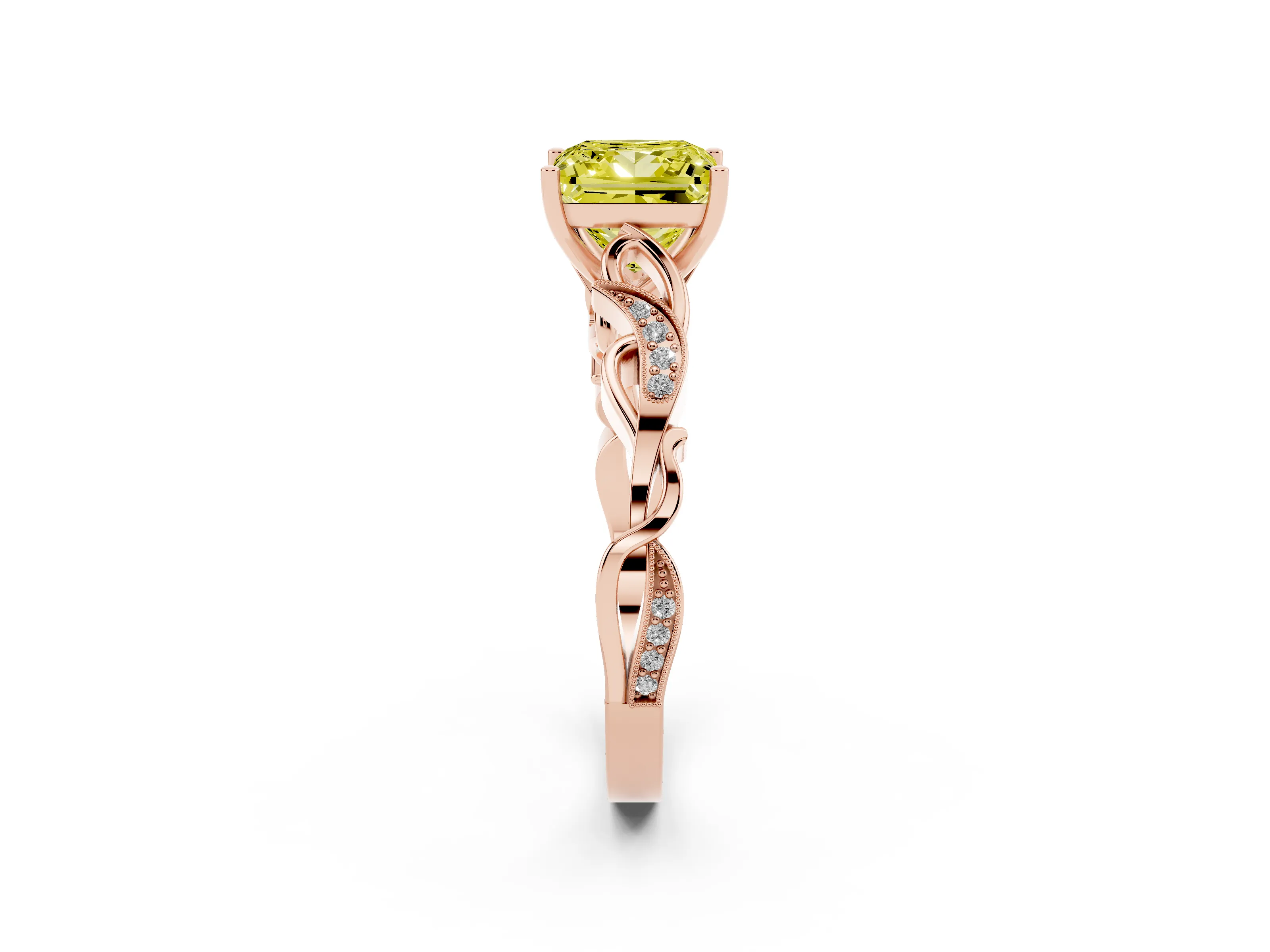 Fancy Yellow Princess Cut Diamond Vine Band Solitaire Ring Set in Rose gold with Milgrain Prong Setting