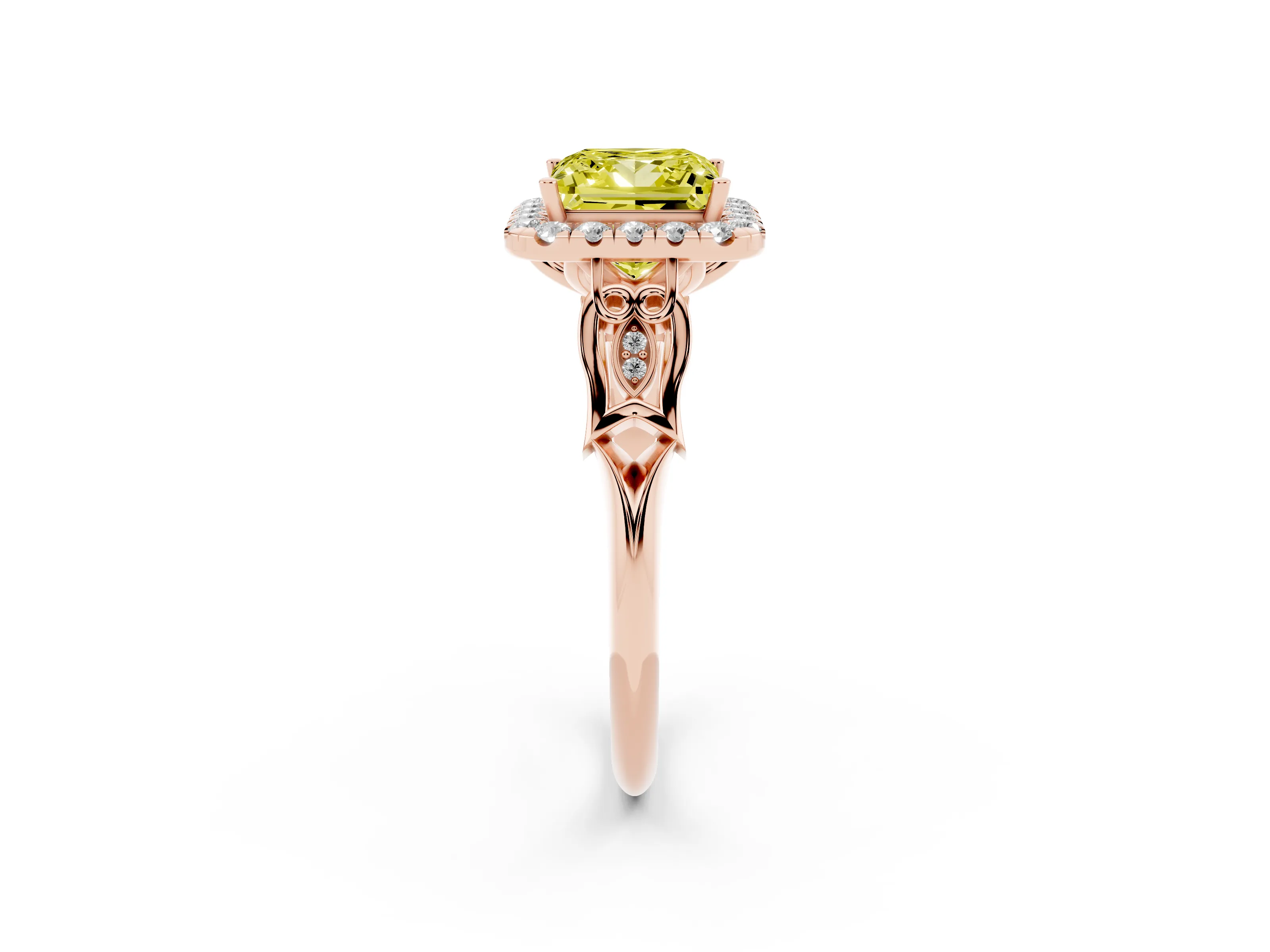 Fancy Yellow Princess Cut Diamond Halo Engagement Ring Set in Rose gold with Filigree Band and Prong-Set Center