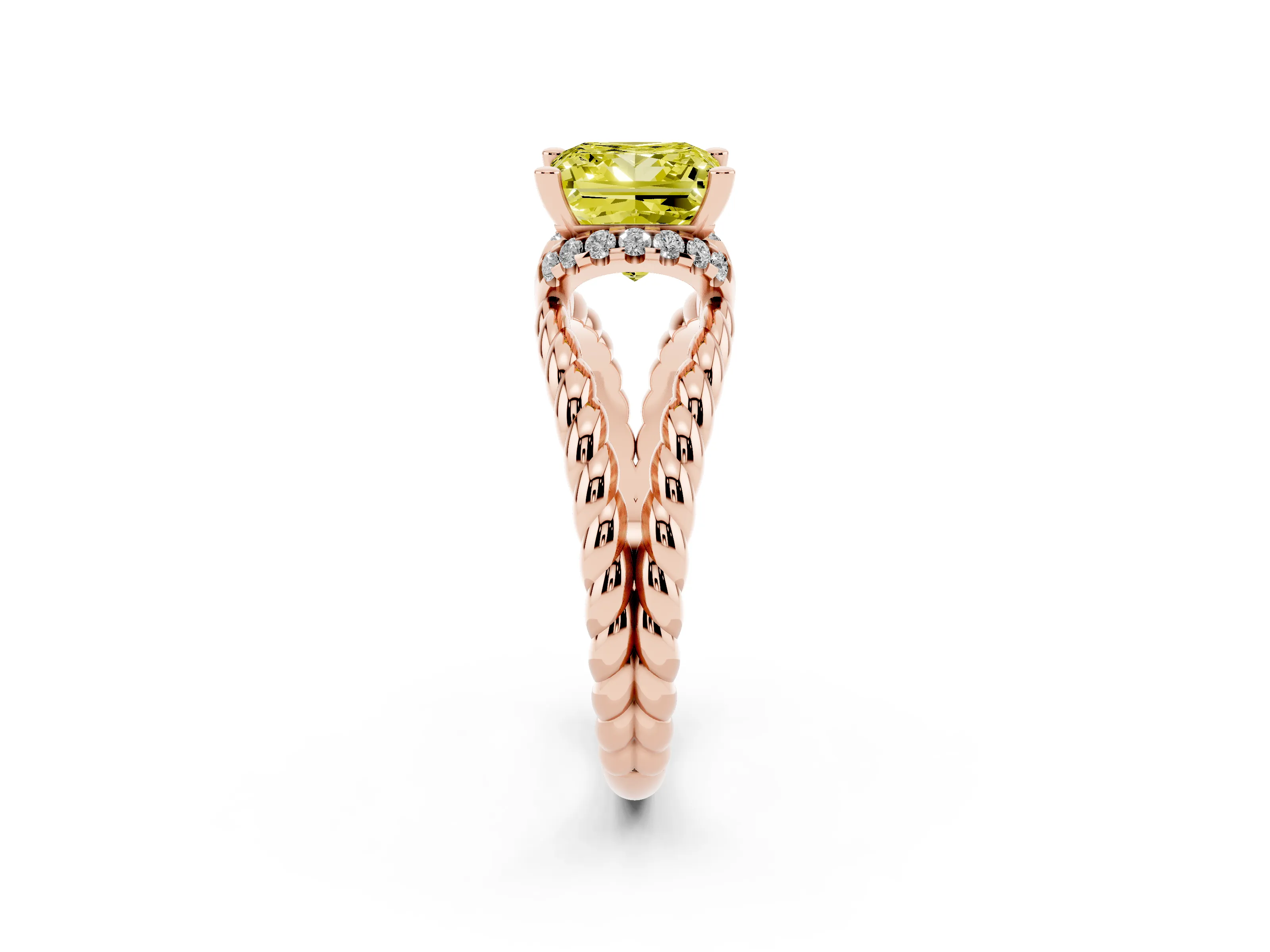 Fancy Yellow Princess Cut Diamond Halo Ring Set in Rose gold with Twisted Band and Prong Setting