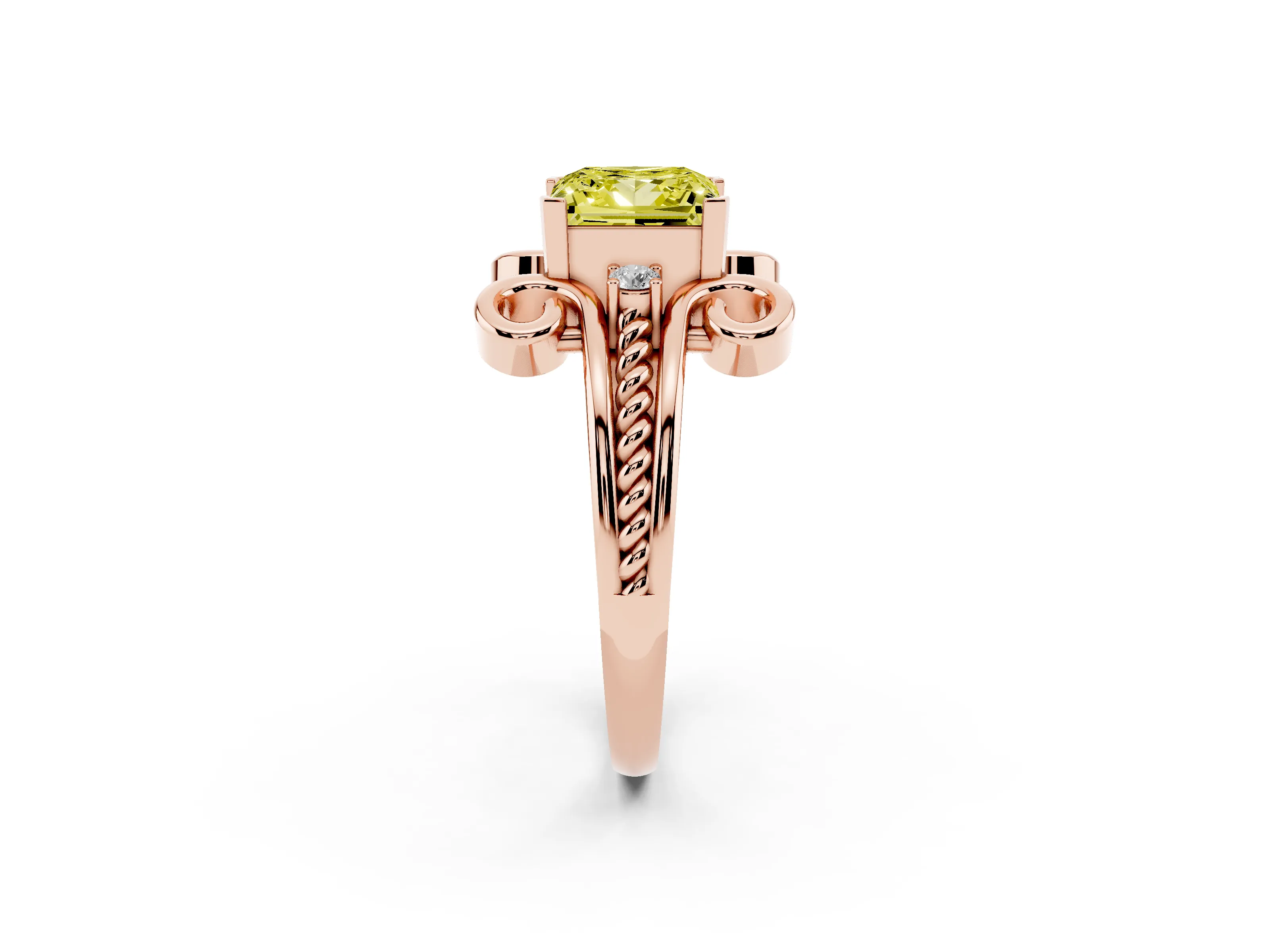 Fancy Yellow Princess Cut Diamond Twisted Band Solitaire Ring Set in Rose gold with Scroll Prongs