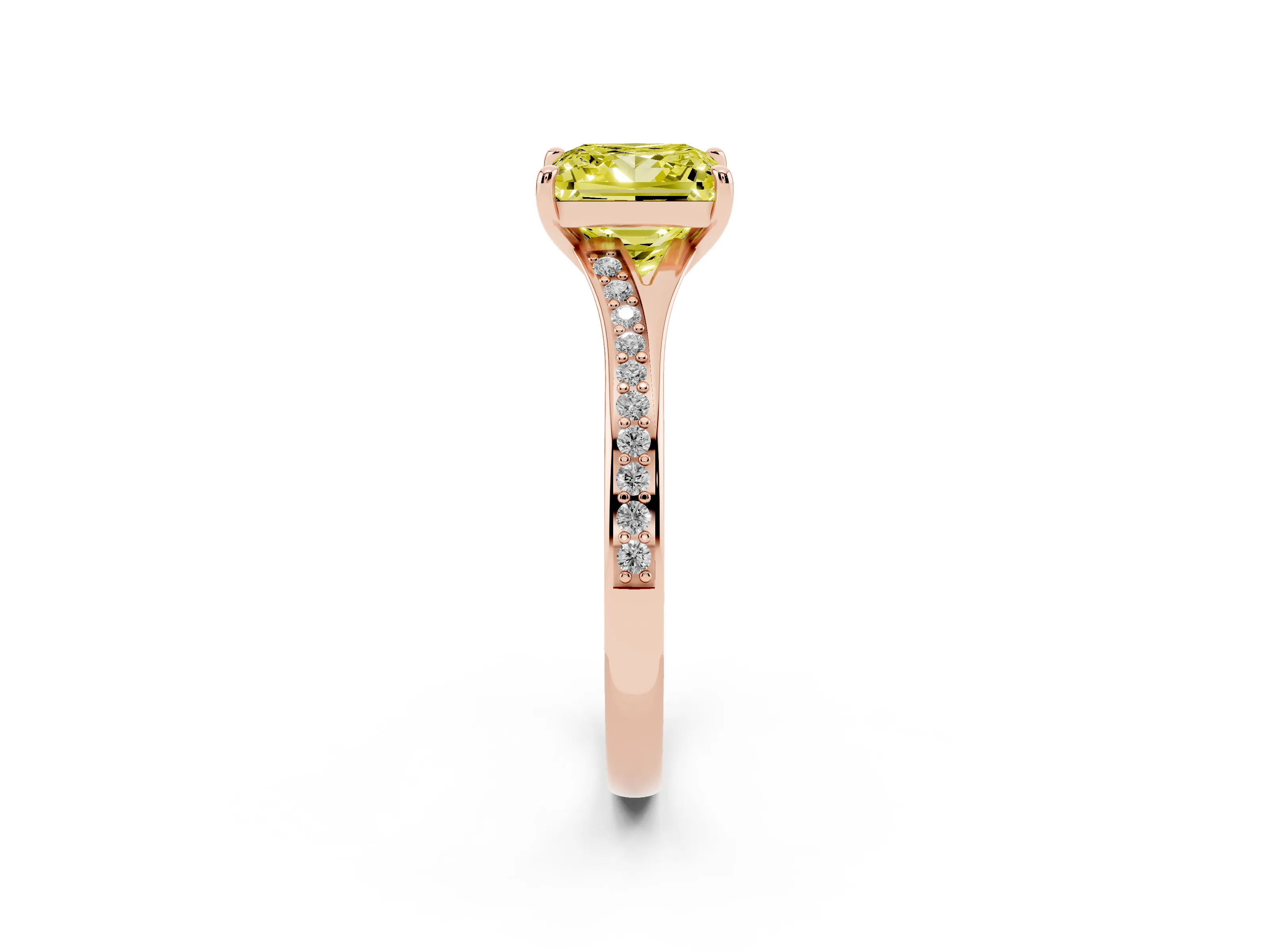 Fancy Yellow Princess Cut Diamond Solitaire Ring Set in Rose gold with Pavé Accent Band and Classic Prong Setting