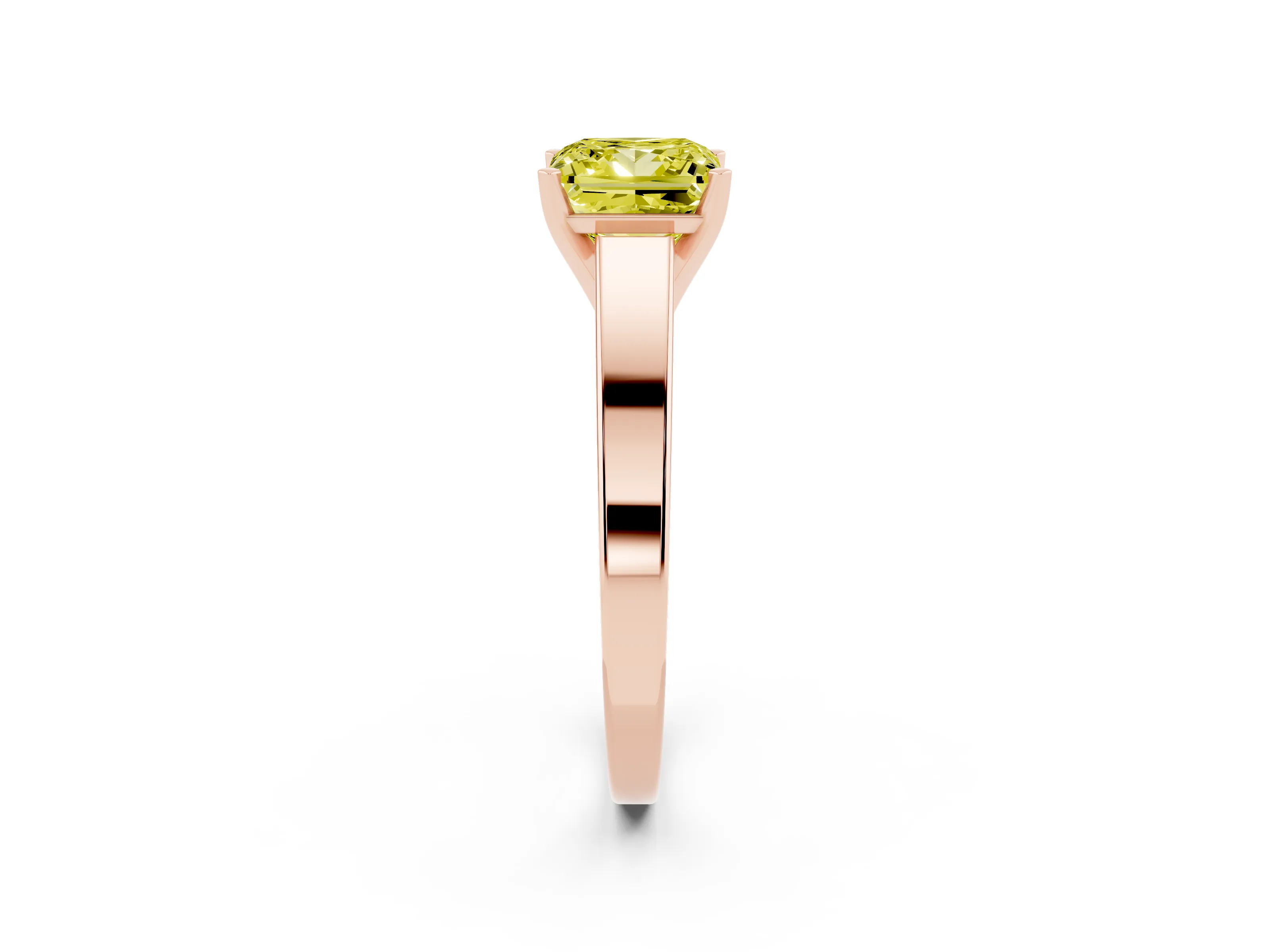 Fancy Yellow Princess Cut Diamond Solitaire Engagement Ring Set in Rose gold with Prong Setting and Tapered Band