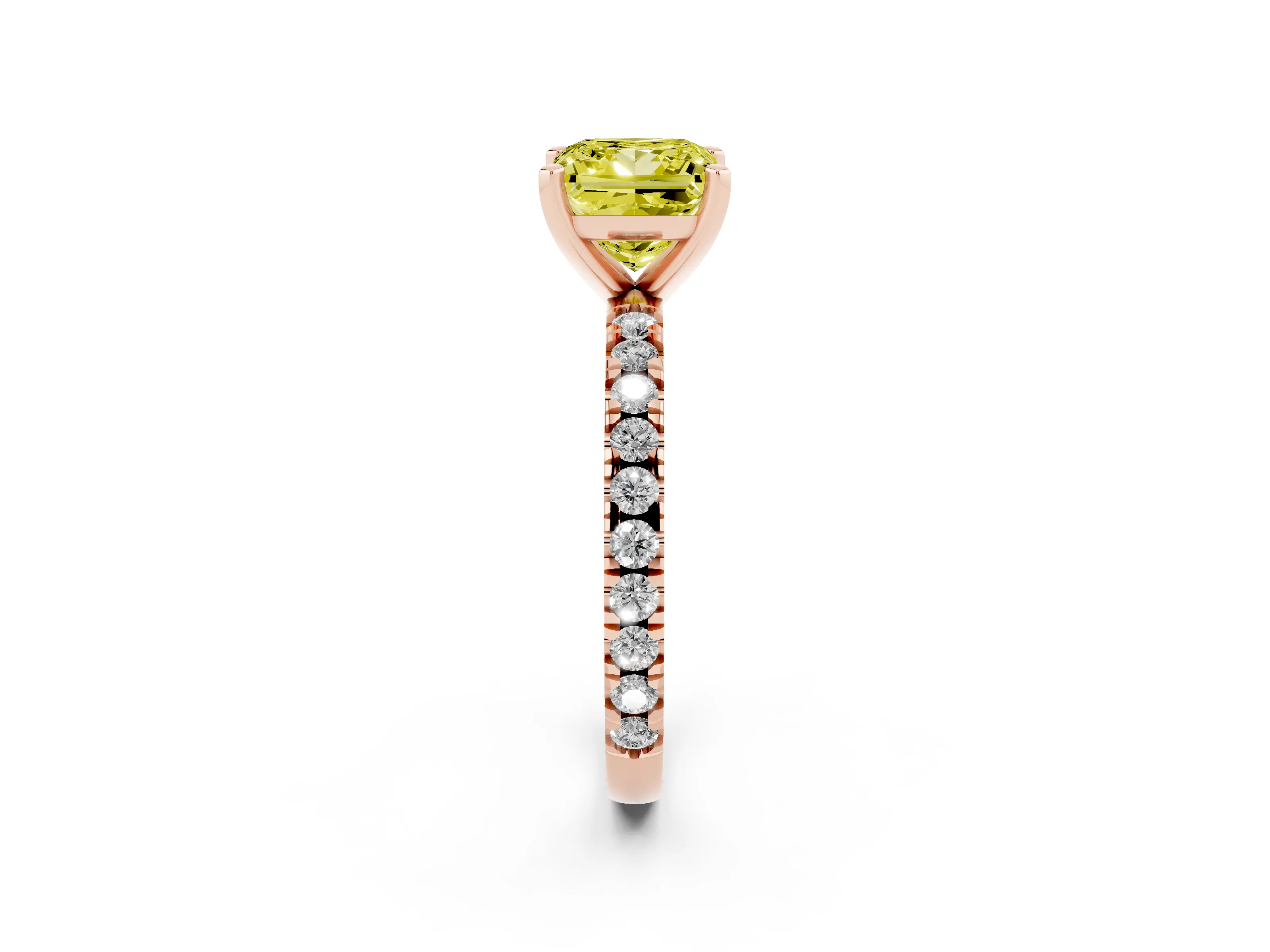 Fancy Yellow Princess Cut Diamond Pavé Band Solitaire Set in Rose gold with Prong Setting