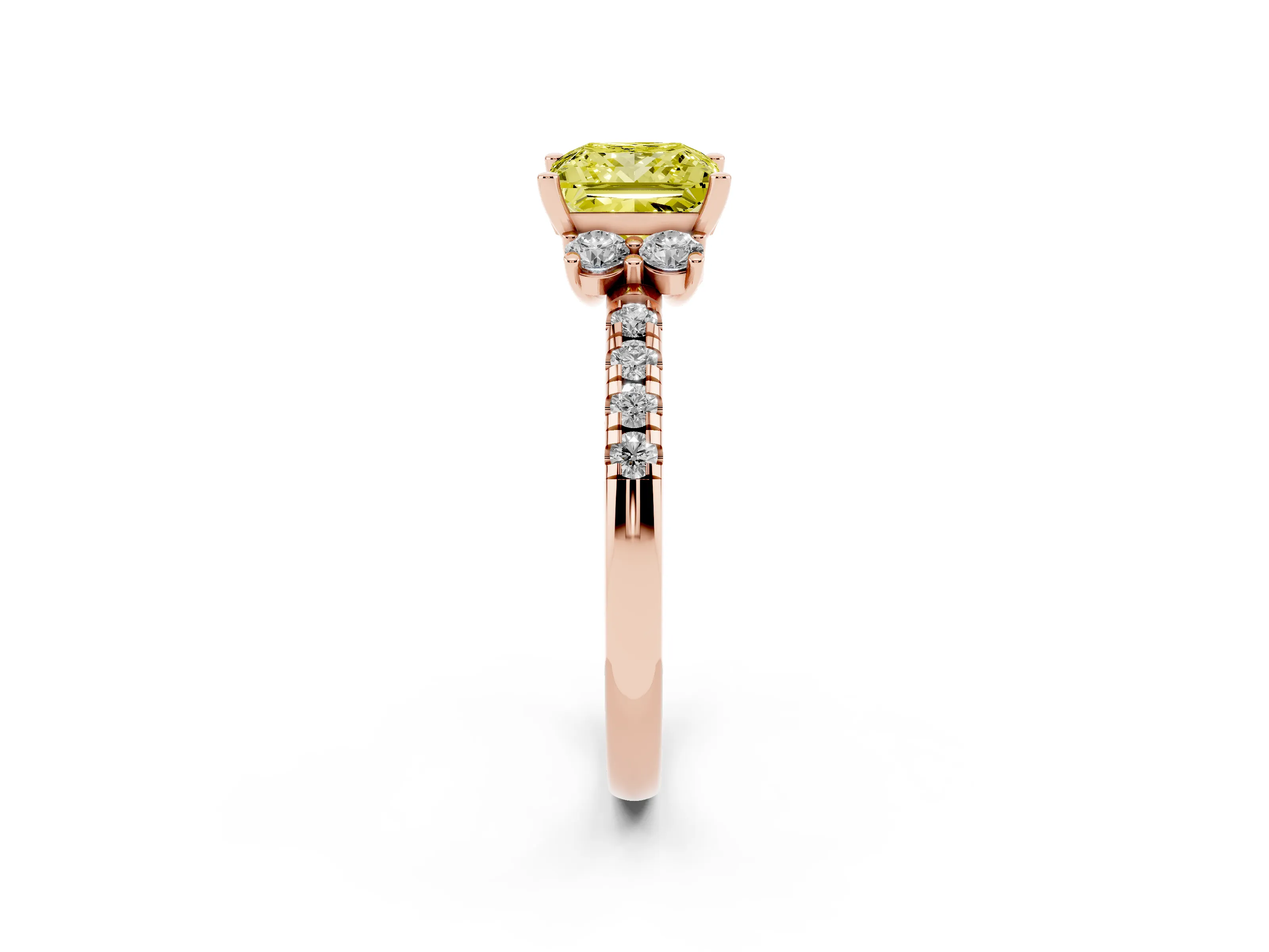 Fancy Yellow Princess Cut Diamond Three-Stone Pavé Ring Set in Rose gold with Prong Setting