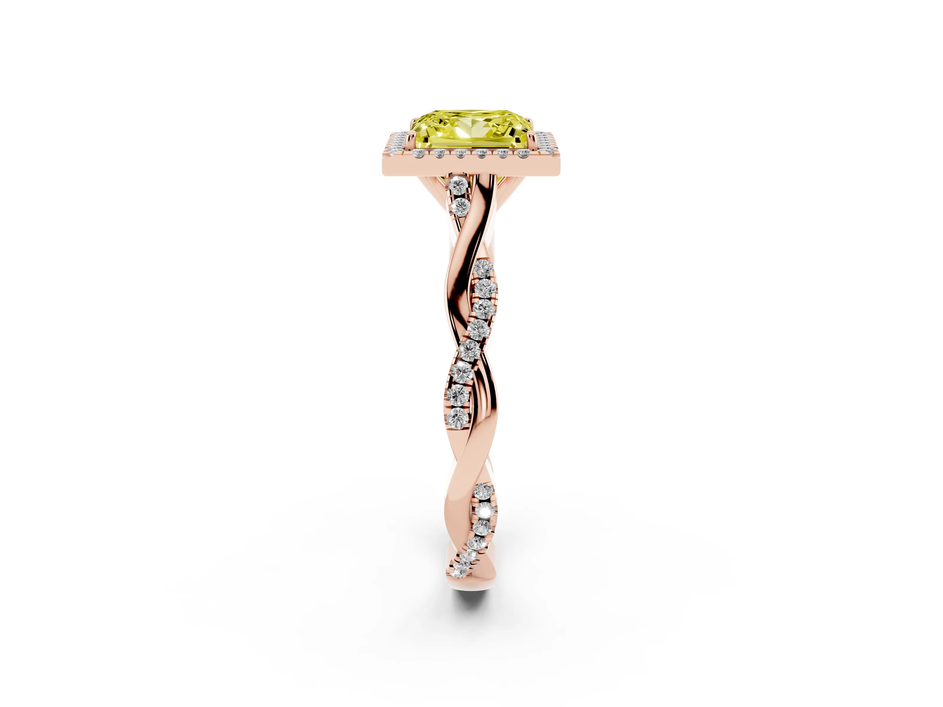 Fancy Yellow Princess Cut Diamond Halo Twist Band Solitaire Ring Set in Rose gold with Prong Setting