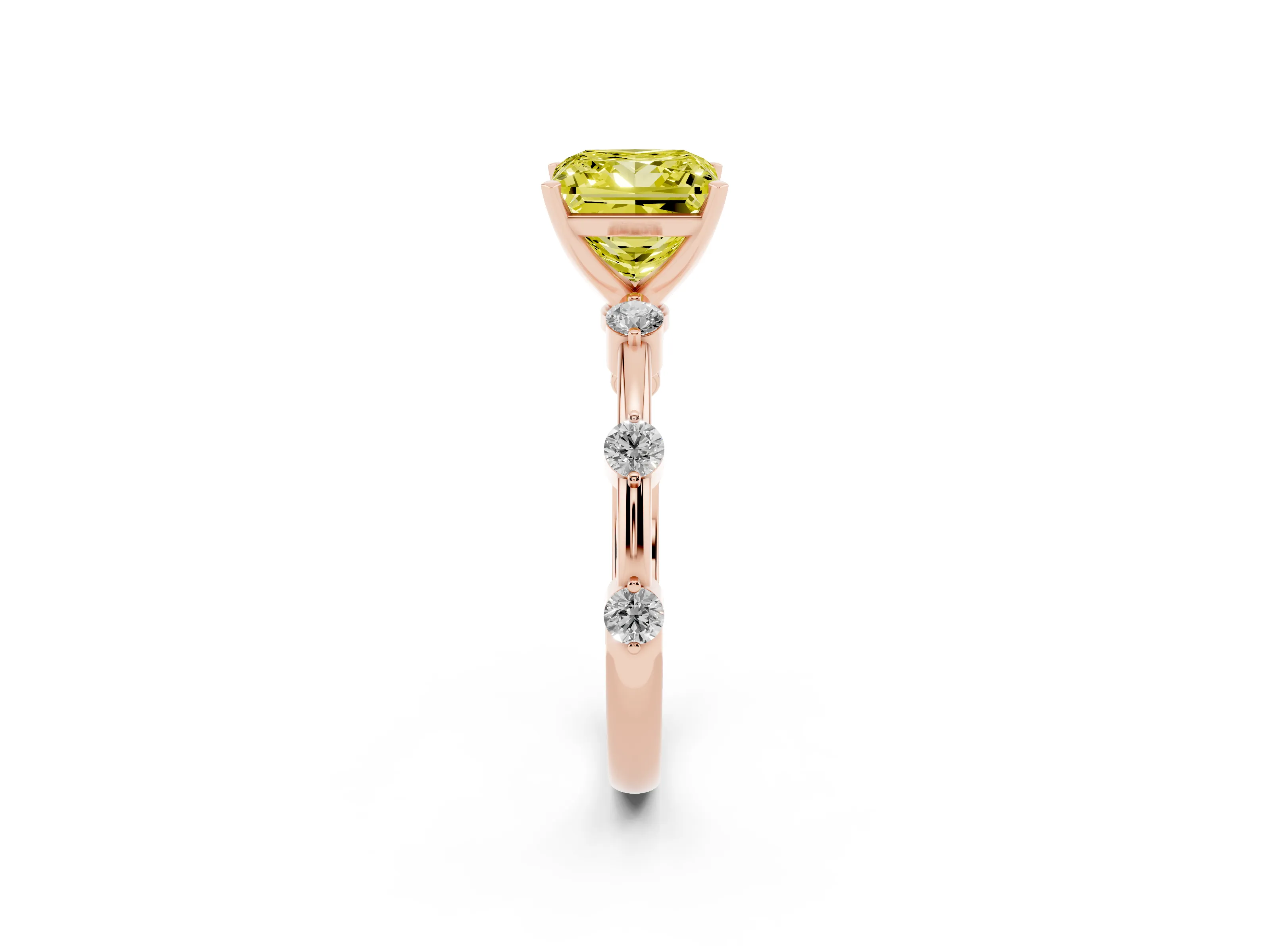 Fancy Yellow Princess Cut Diamond Solitaire Ring Set in Rose gold with Bezel Set Side Stones and Prong Setting