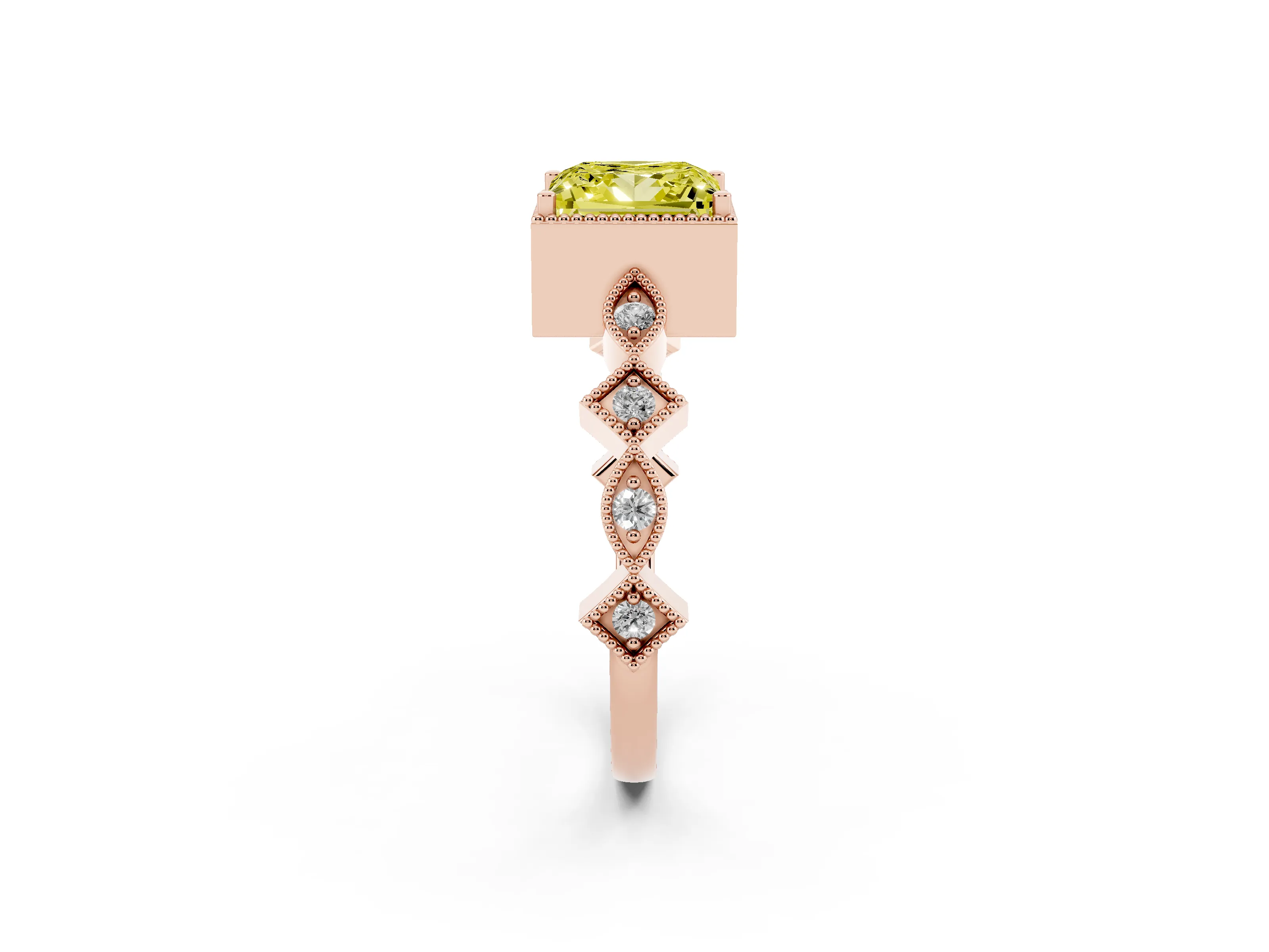 Fancy Yellow Princess Cut Diamond Milgrain Marquise Twist Band Ring Set in Rose gold with Prong Setting