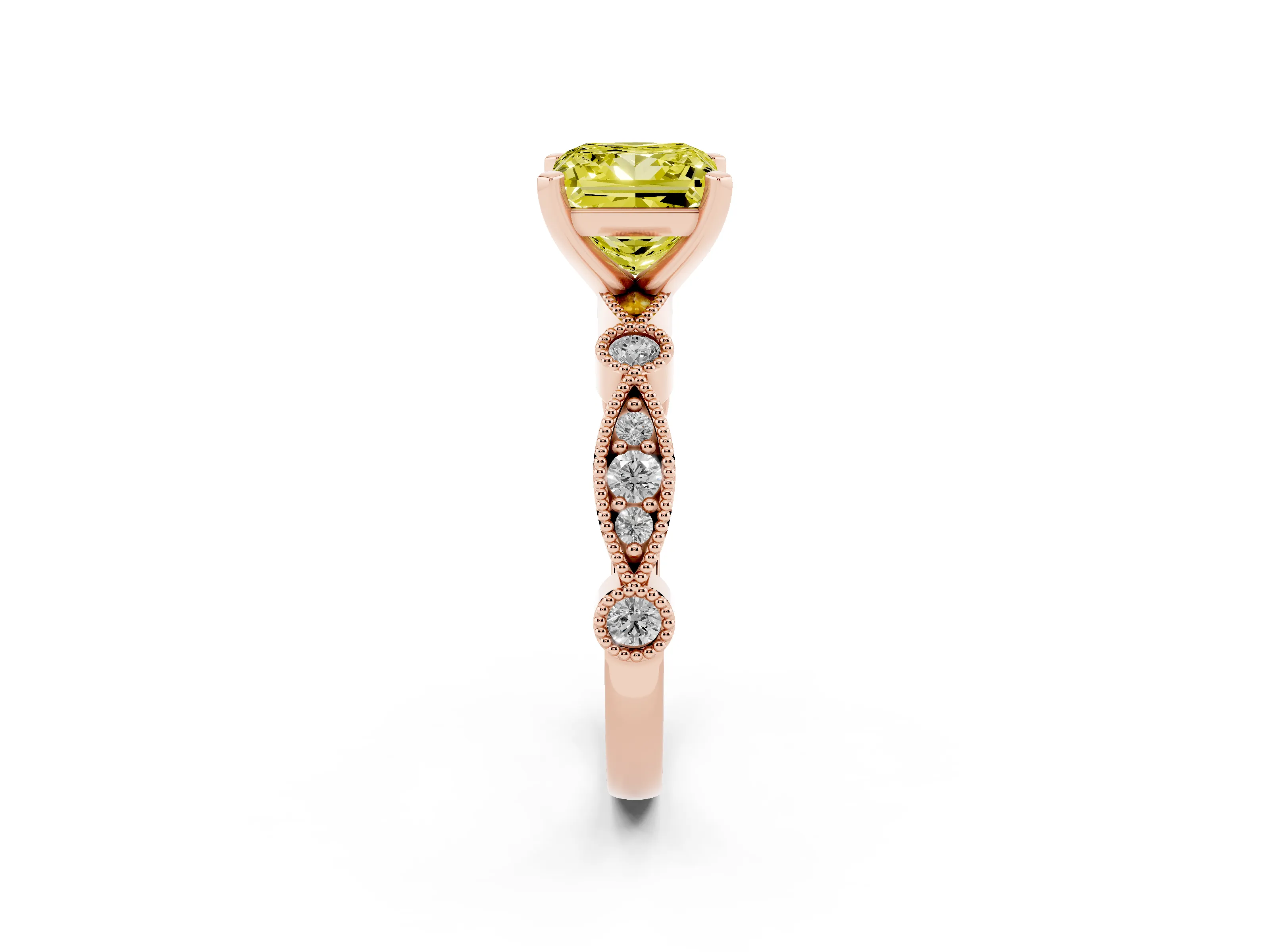 Fancy Yellow Princess Cut Diamond Solitaire Engagement Ring Set in Rose gold with Milgrain Bezel Accent Band