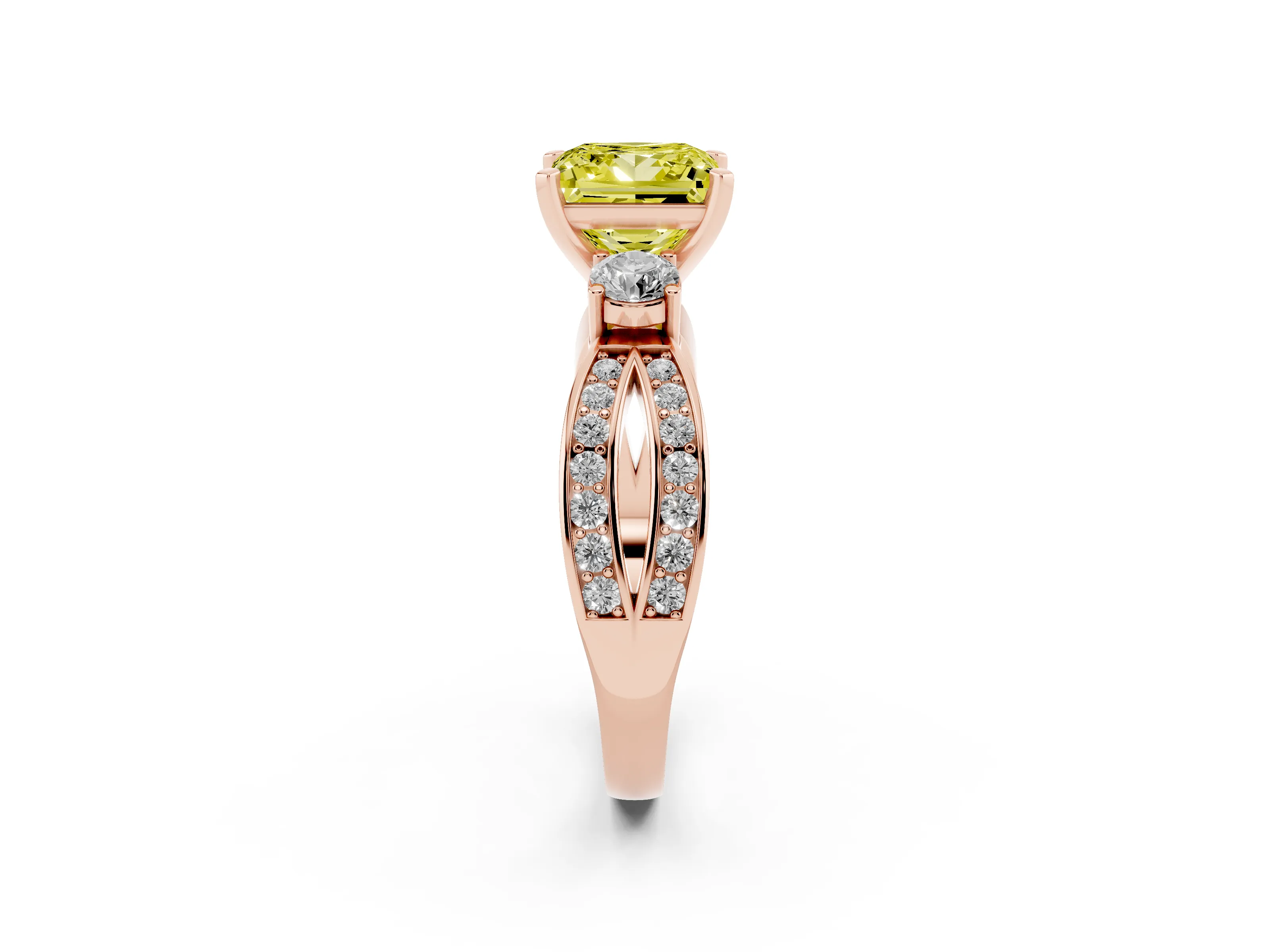 Fancy Yellow Three-Stone Princess Cut Diamond Twist Band Ring Set in Rose gold with Pavé Accents and Prong Setting
