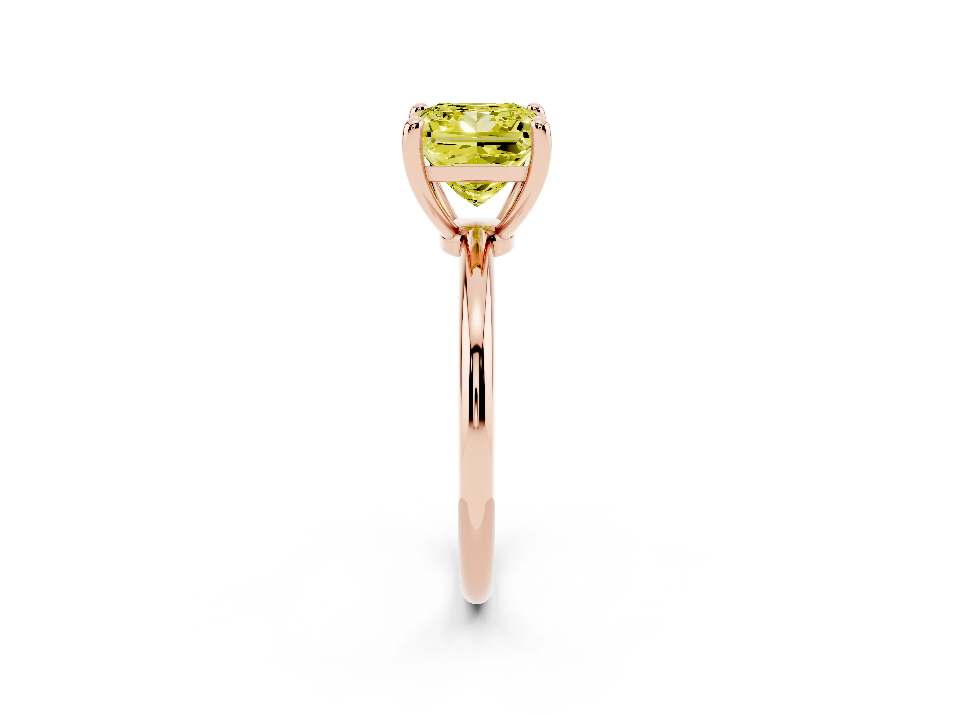 Fancy Yellow Princess Cut Diamond Solitaire Ring Set in Rose gold with Secure Prong Setting on a Classic Band