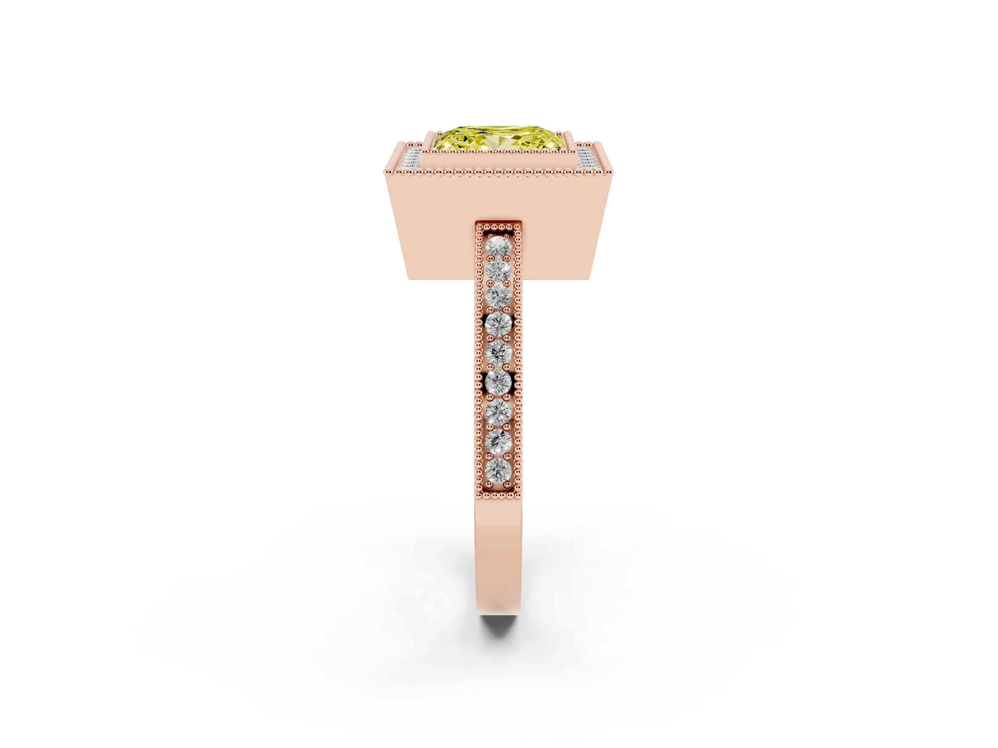 Fancy Yellow Princess Cut Diamond Halo Ring Set in Rose gold with Pavé Band and Milgrain-Edged Prongs