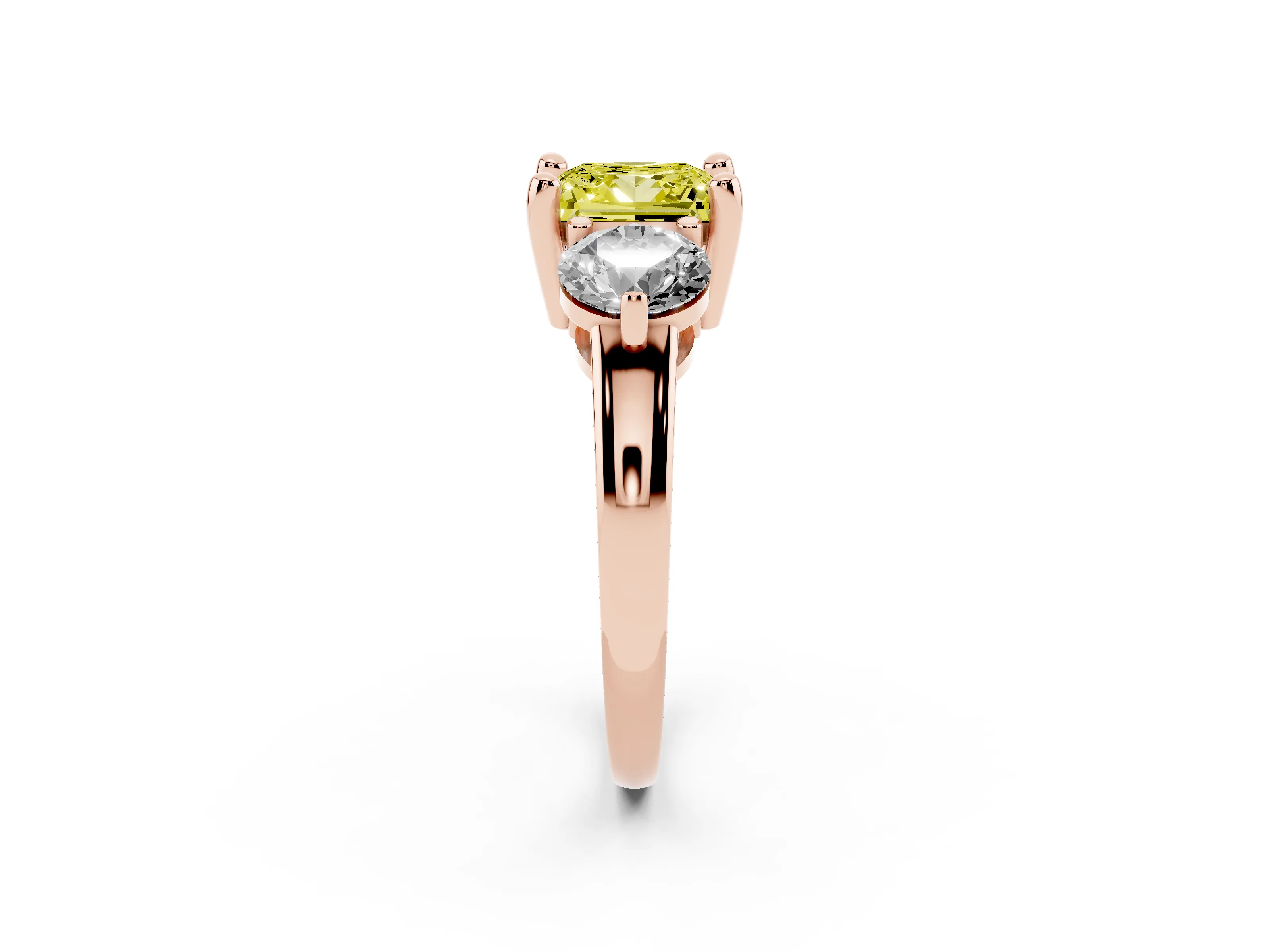 Fancy Yellow Princess Cut Diamond Three-Stone Ring Set in Rose gold with Prong Setting and Classic Band