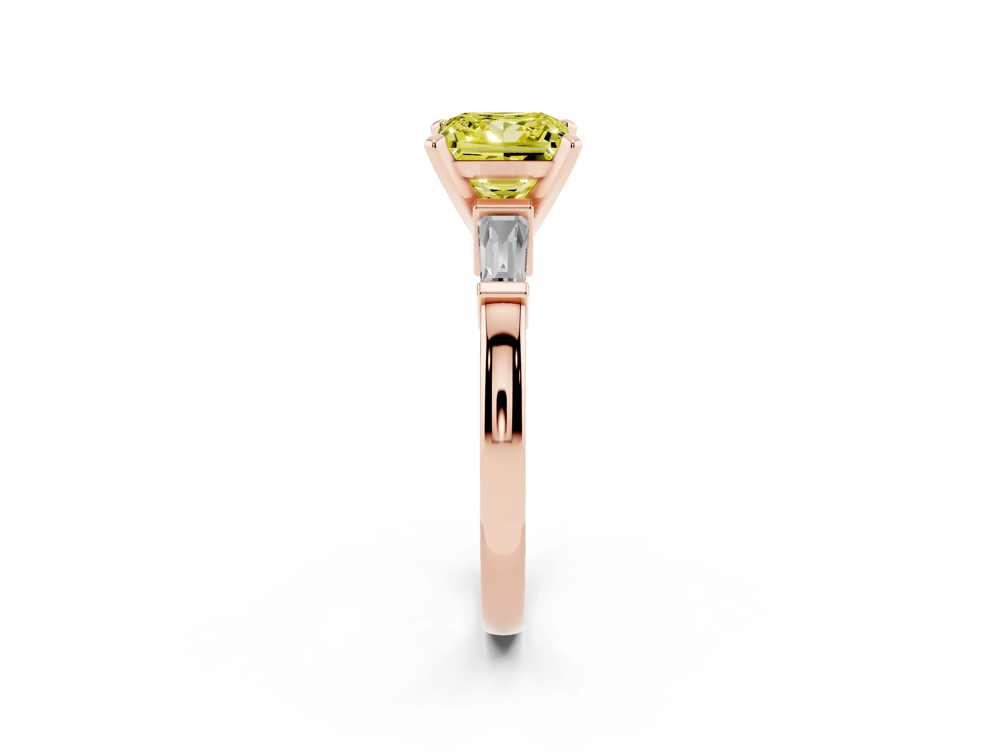 Fancy Yellow Princess Cut Diamond Solitaire Ring Set in Rose gold with Tapered Baguette Accents and Prong Setting