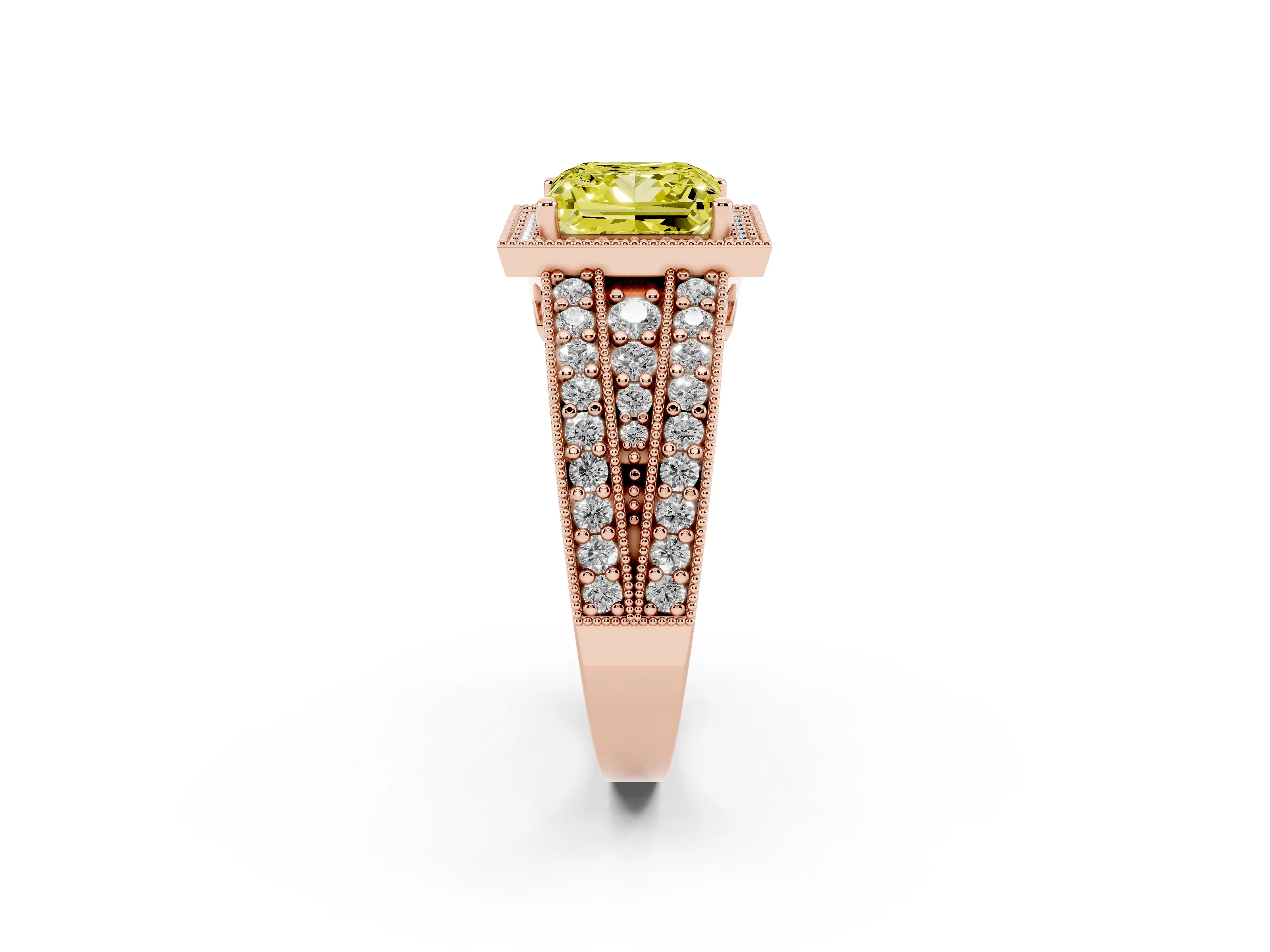 Fancy Yellow Princess Cut Diamond Halo Ring Set in Rose gold with Accent Split Shank and Prong Setting