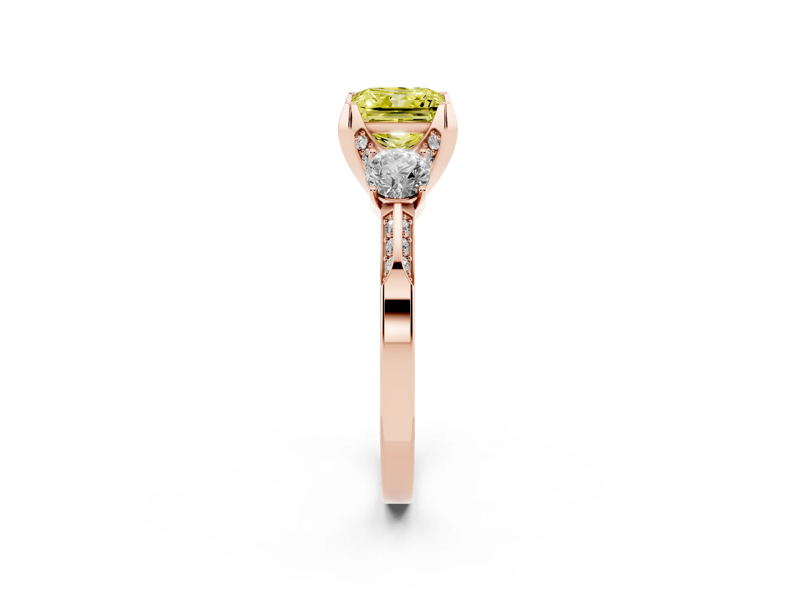 Fancy Yellow Princess Cut Diamond Three-Stone Ring Set in Rose gold with Pavé Band and Smaller Side Stones