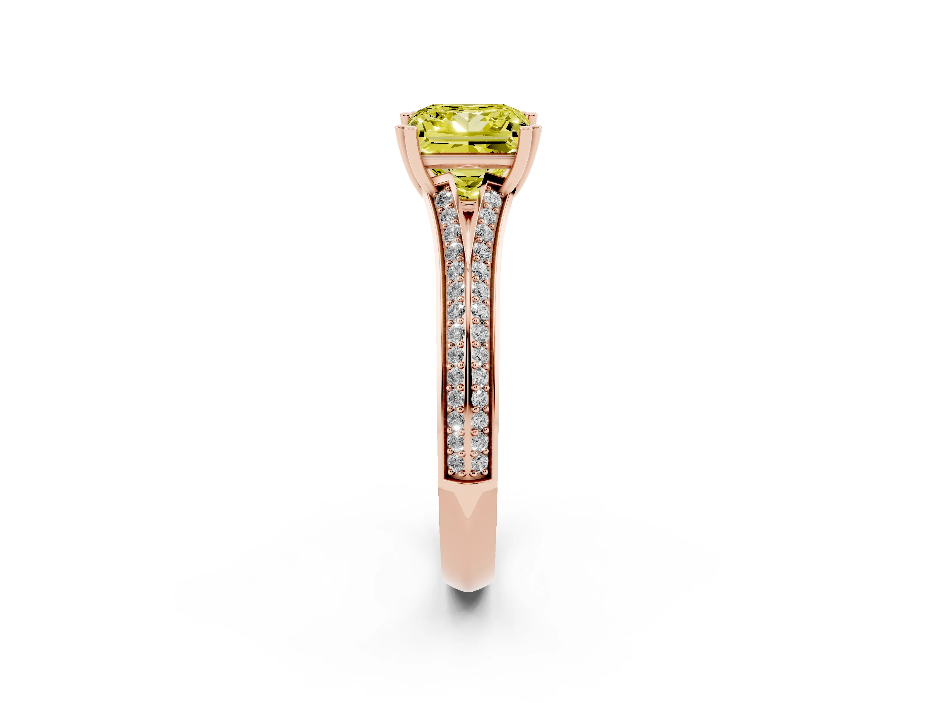 Fancy Yellow Princess Cut Diamond Split Shank Pavé Engagement Ring Set in Rose gold with Prong-Set Center Stone