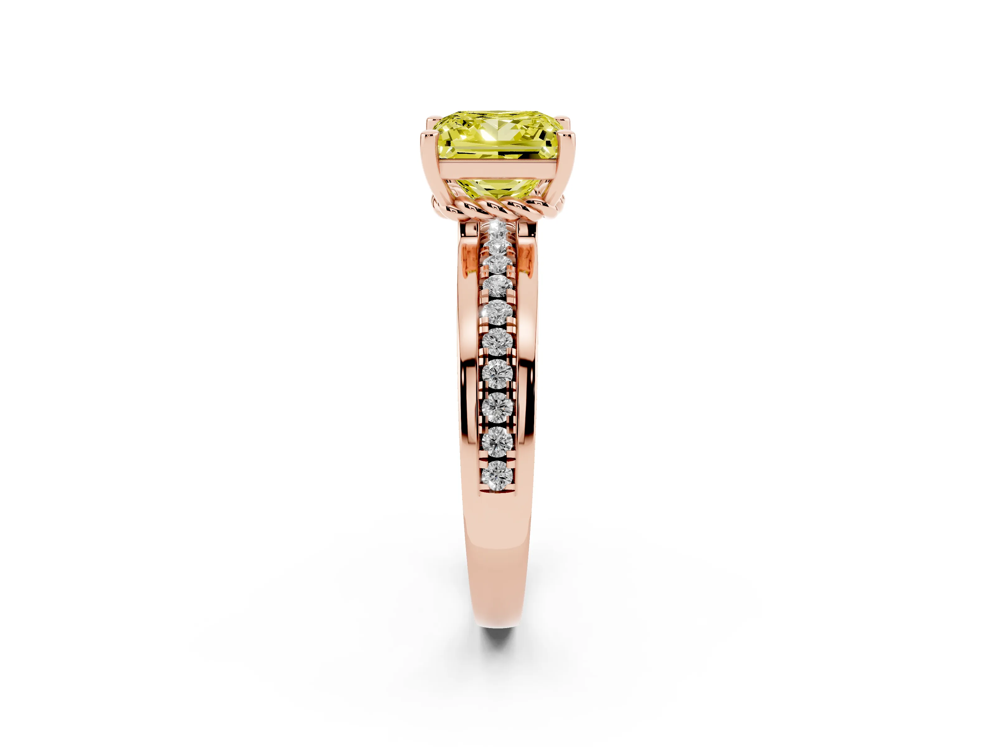 Fancy Yellow Princess Cut Diamond Solitaire Ring Set in Rose gold with Channel Set Band and Prong Setting