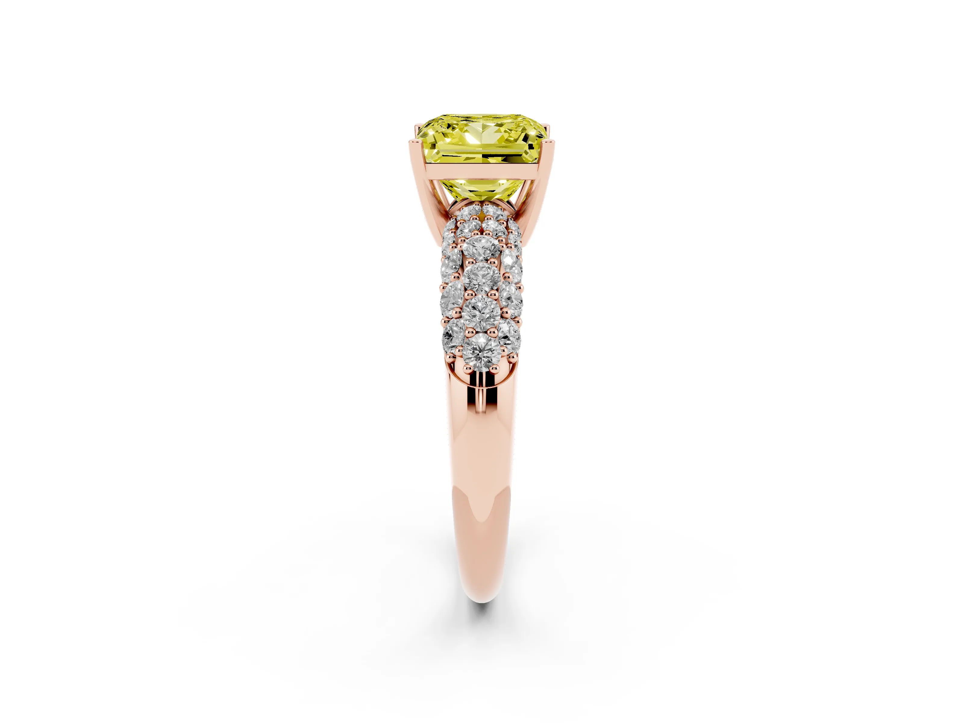 Fancy Yellow Princess Cut Diamond Pavé Band Solitaire Ring Set in Rose gold with Close-Set Accent Stones and Prong Setting