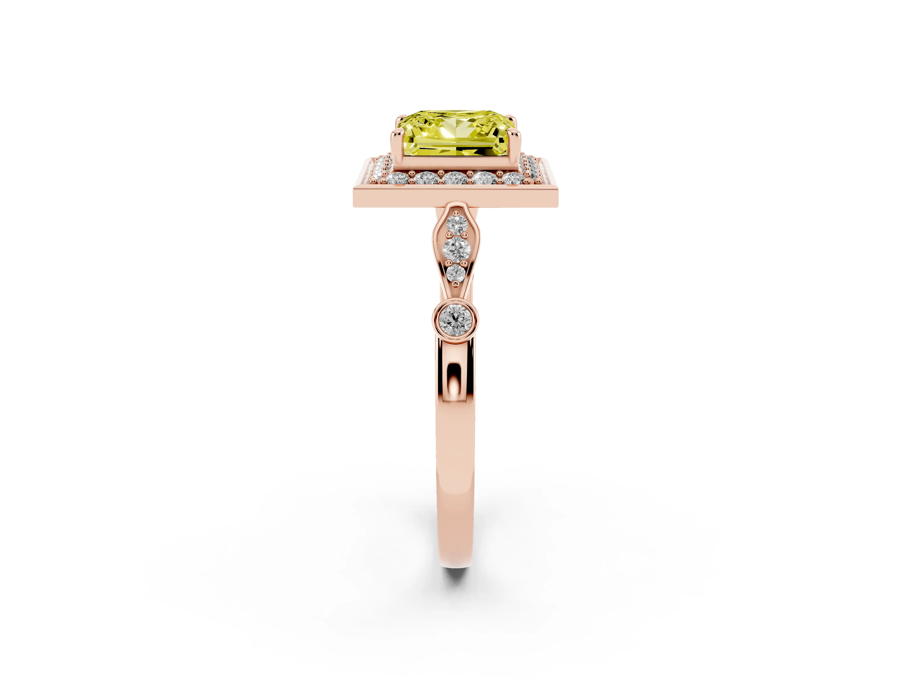 Fancy Yellow Princess Cut Diamond Halo Engagement Ring Set in Rose gold with Twisted Band and Prong Setting